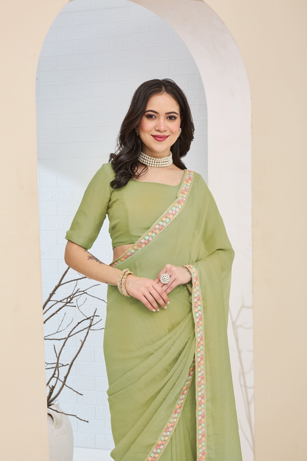 Green Lace Silk Blend Ready To Wear Saree