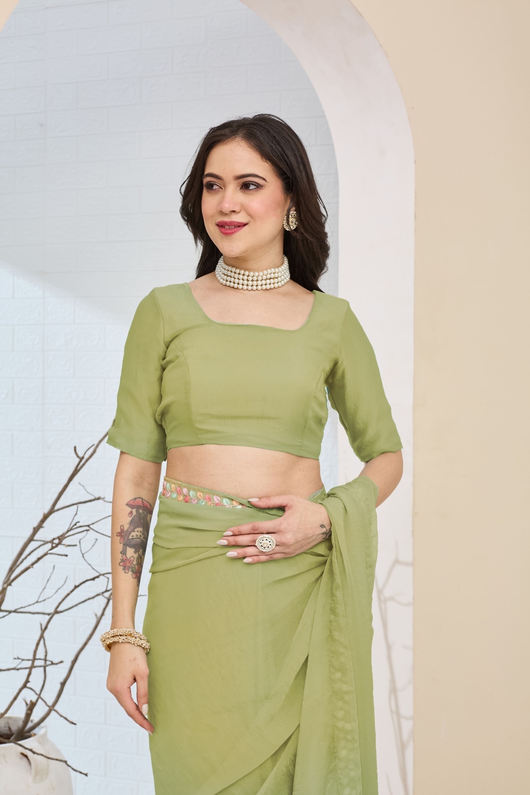 Green Lace Silk Blend Ready To Wear Saree