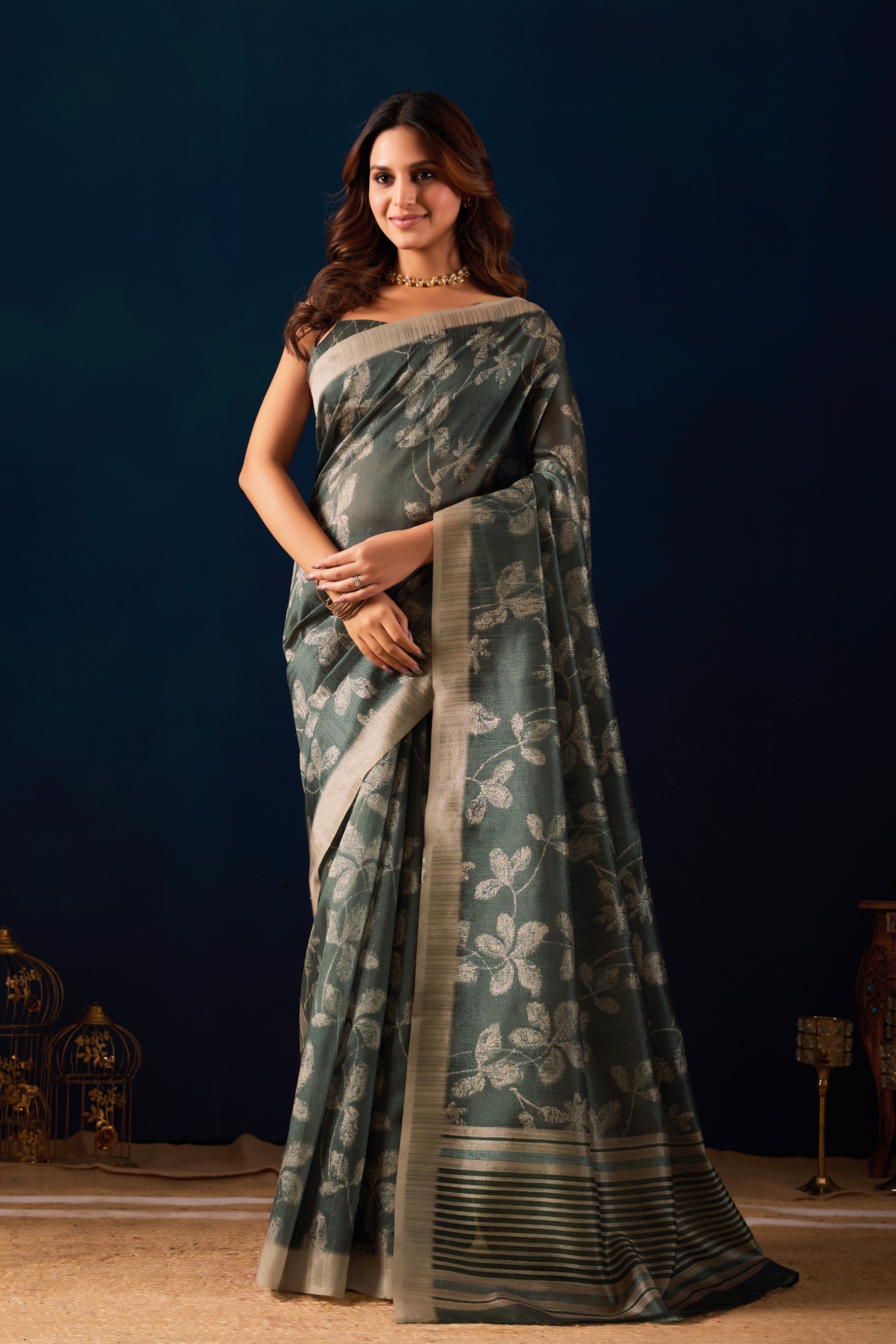 Green Leaf Floral Jute Silk Ready To Wear Saree