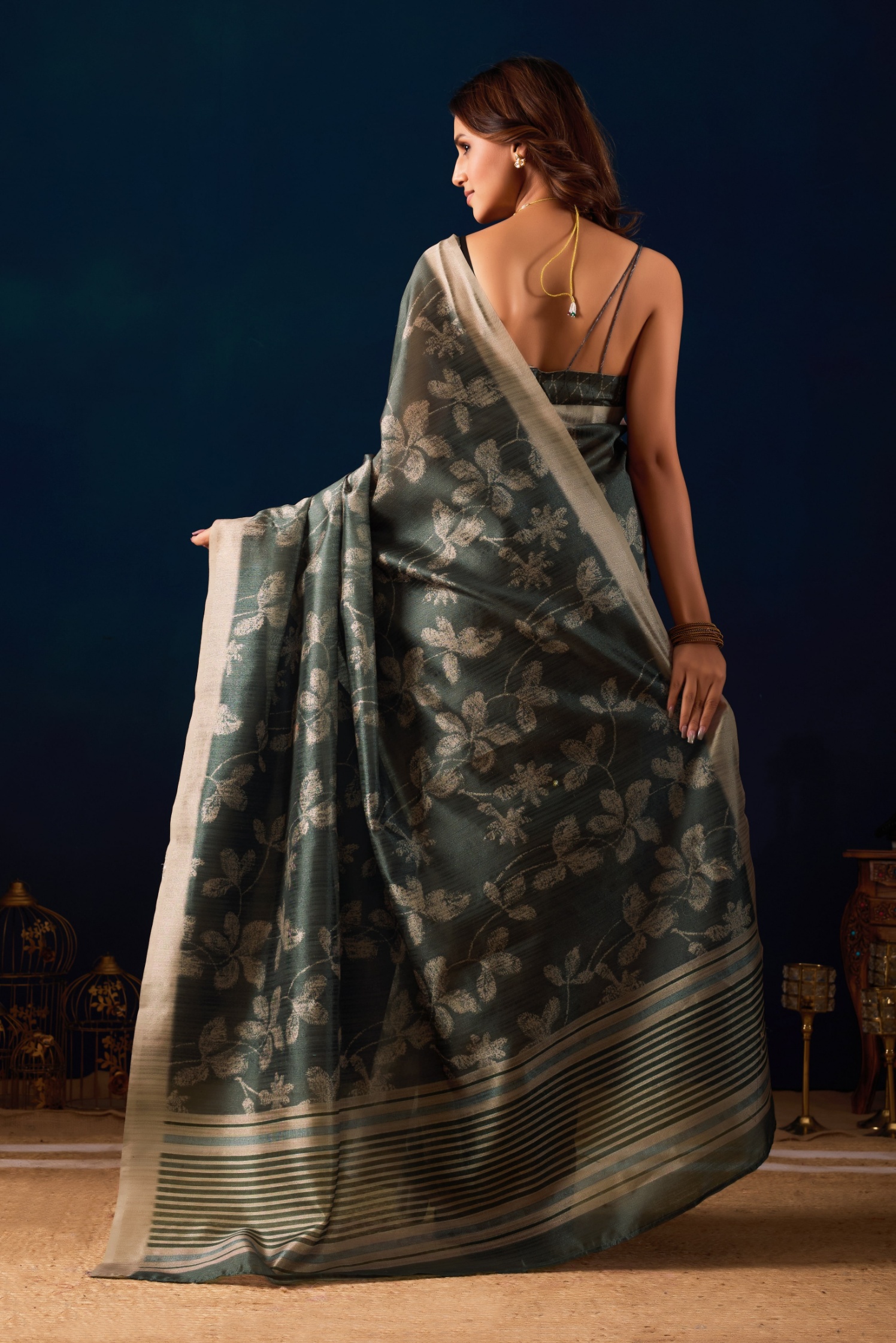 Green Leaf Floral Jute Silk Ready To Wear Saree — alternate view