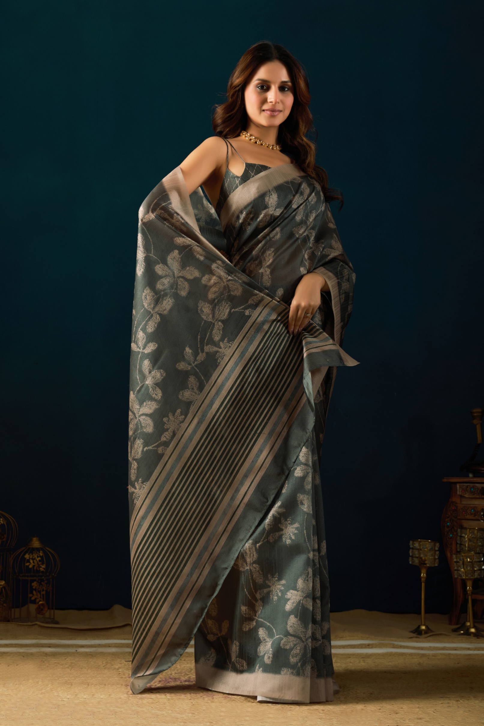 Green Leaf Floral Jute Silk Ready To Wear Saree