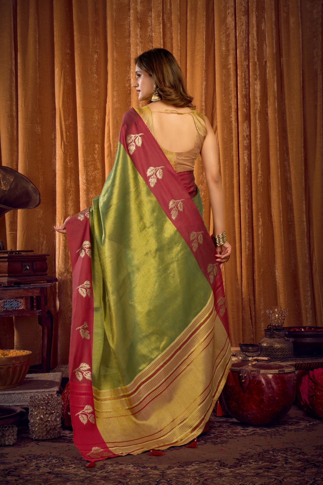 Green Leaf Motif Woven Soft Tissue Saree — alternate view