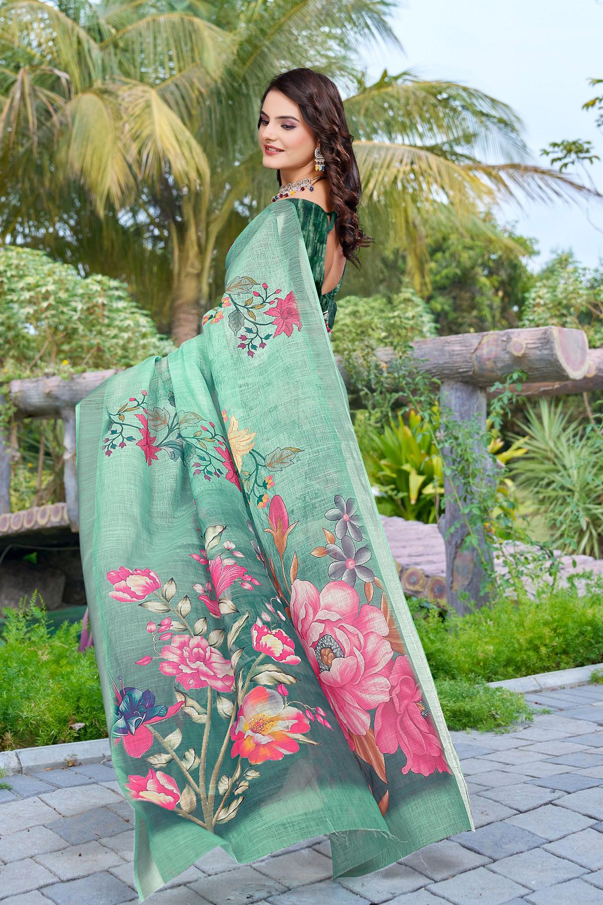 Green Linen Cotton Saree
