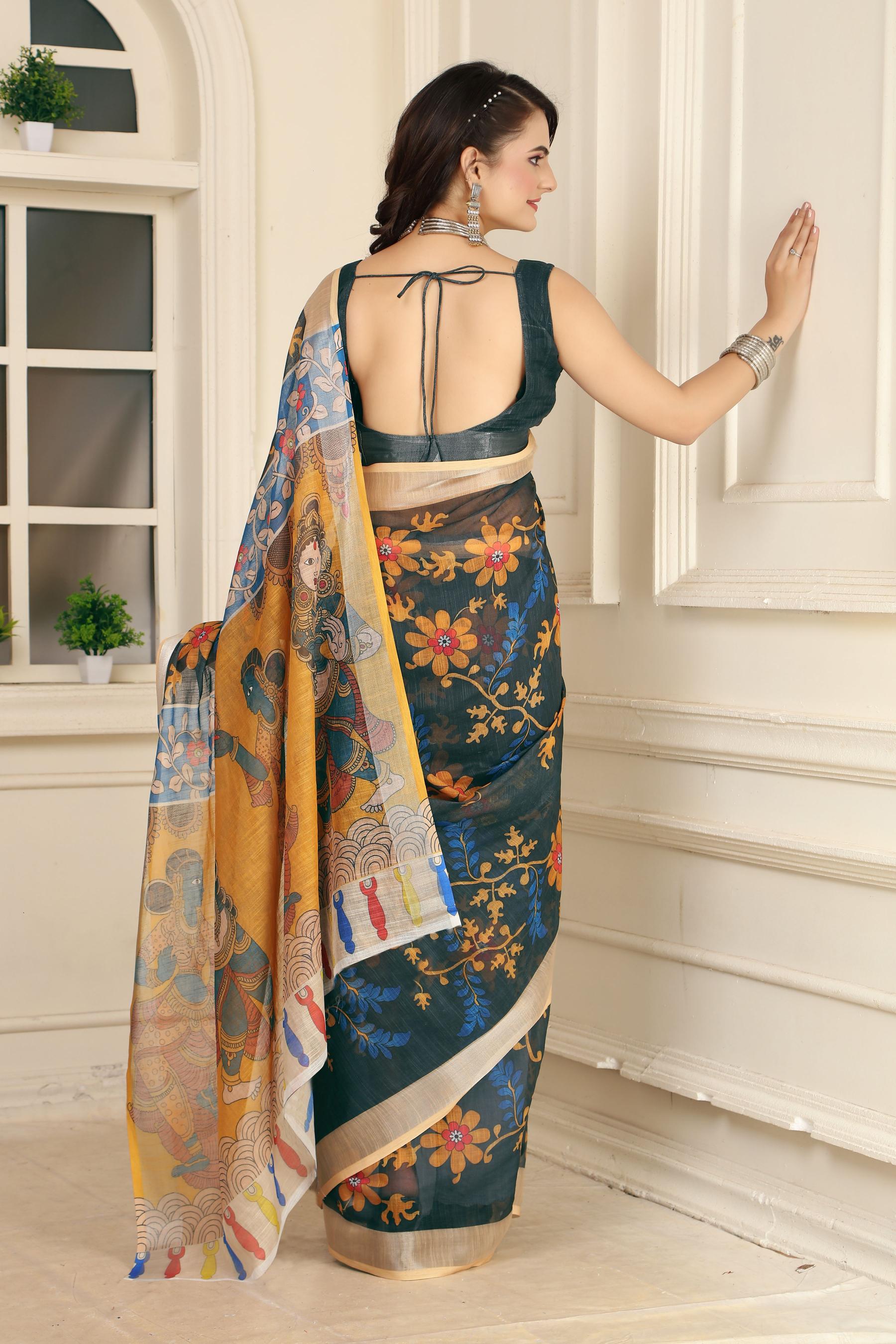 Green Linen Cotton Saree — alternate view