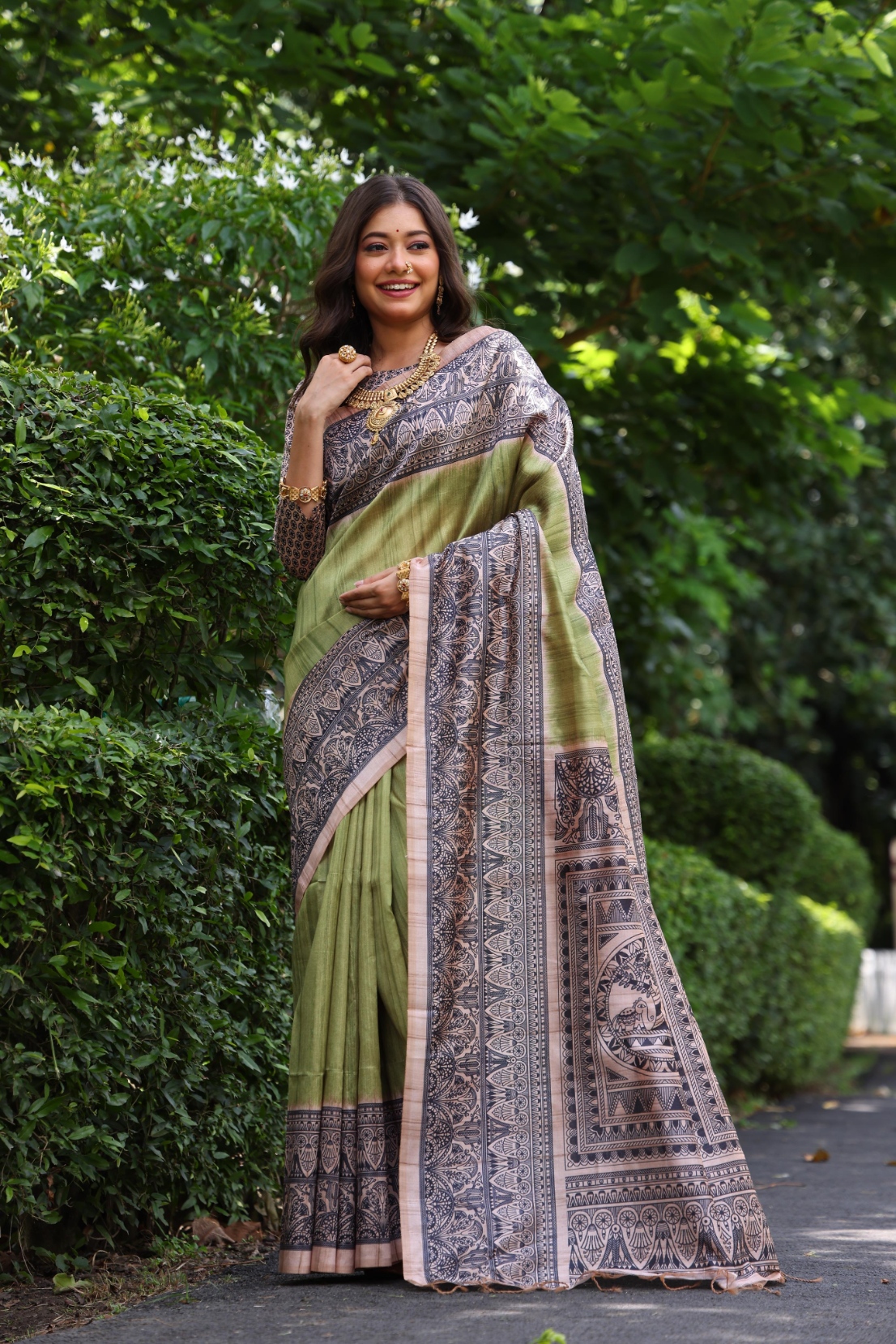 Green Madhubani Printed Tussar Silk Saree