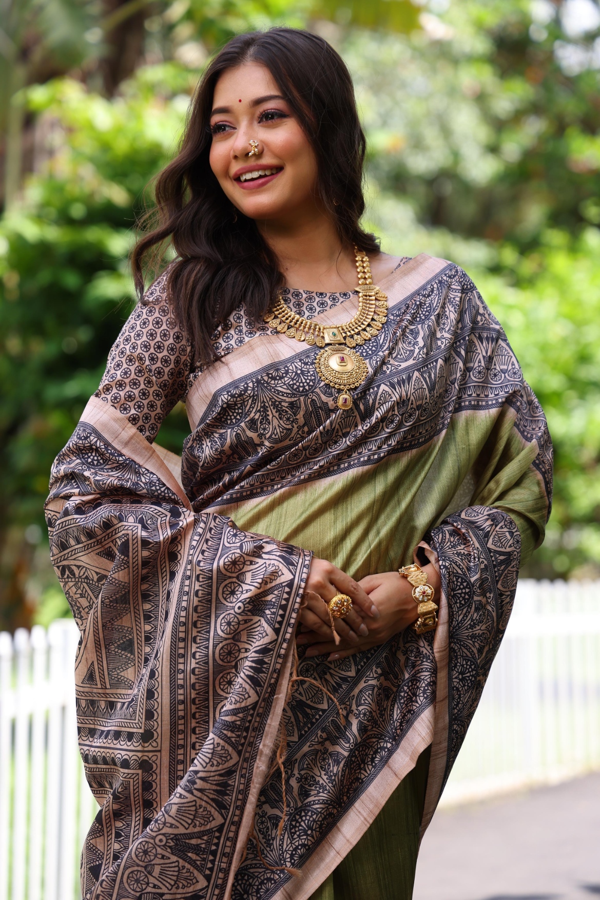 Green Madhubani Printed Tussar Silk Saree — alternate view