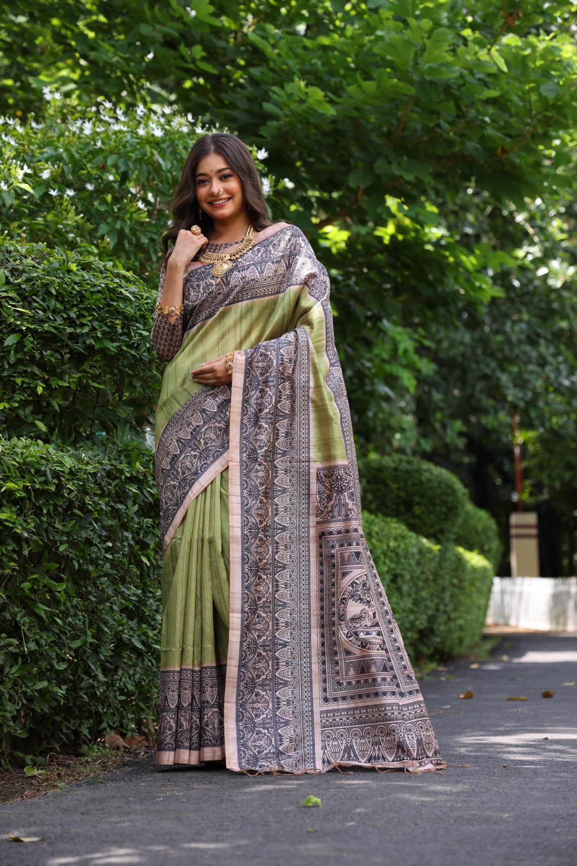 Green Madhubani Printed Tussar Silk Saree