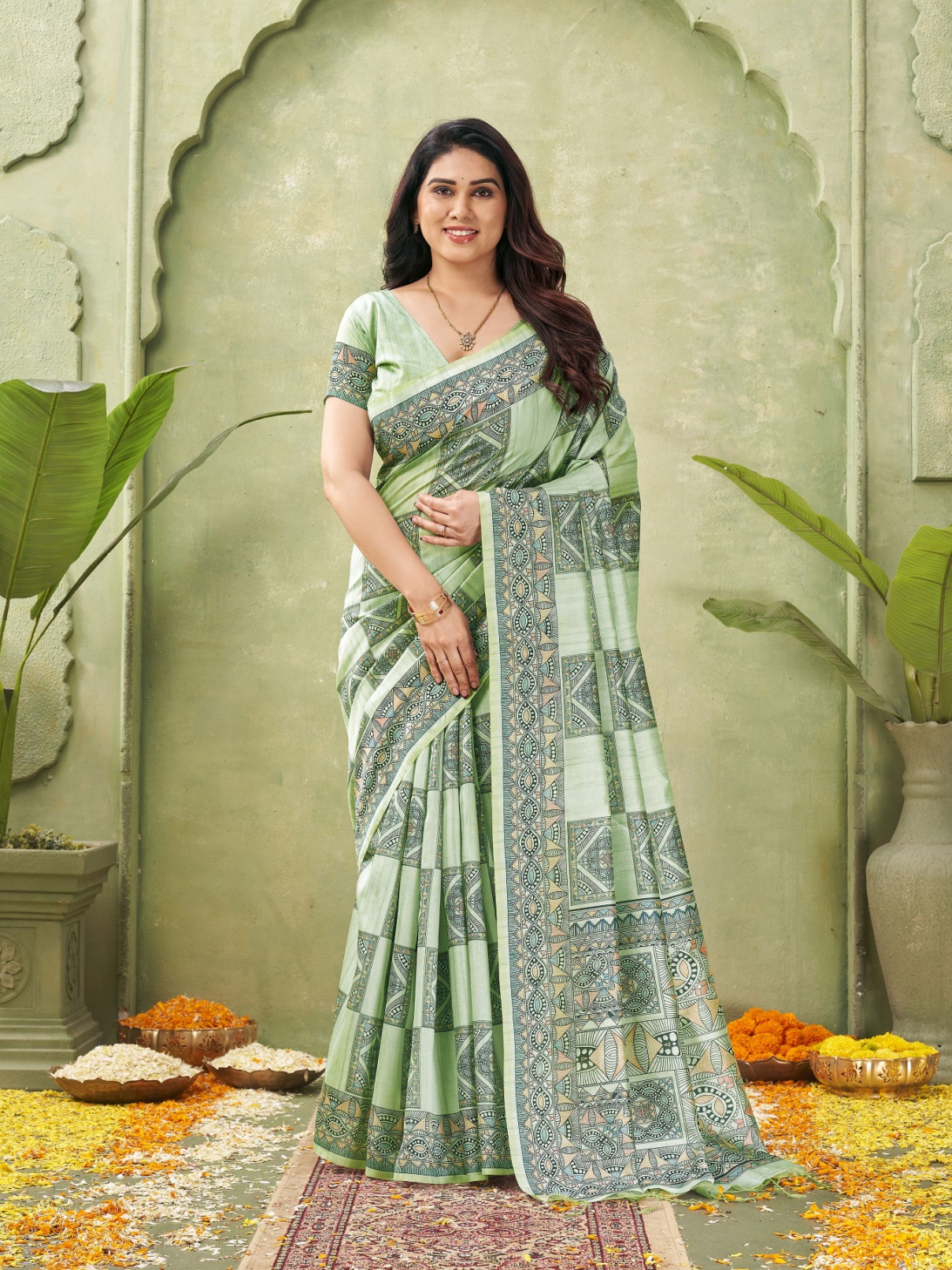 Green Madhubani Printed Tussar Silk Saree