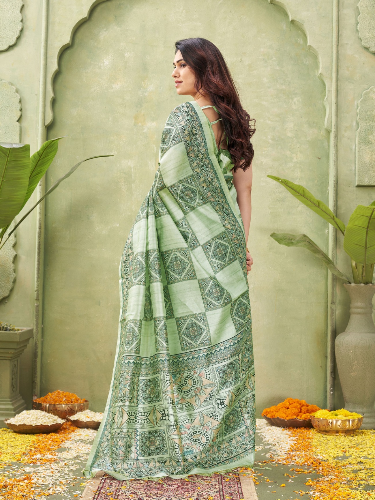 Green Madhubani Printed Tussar Silk Saree — alternate view