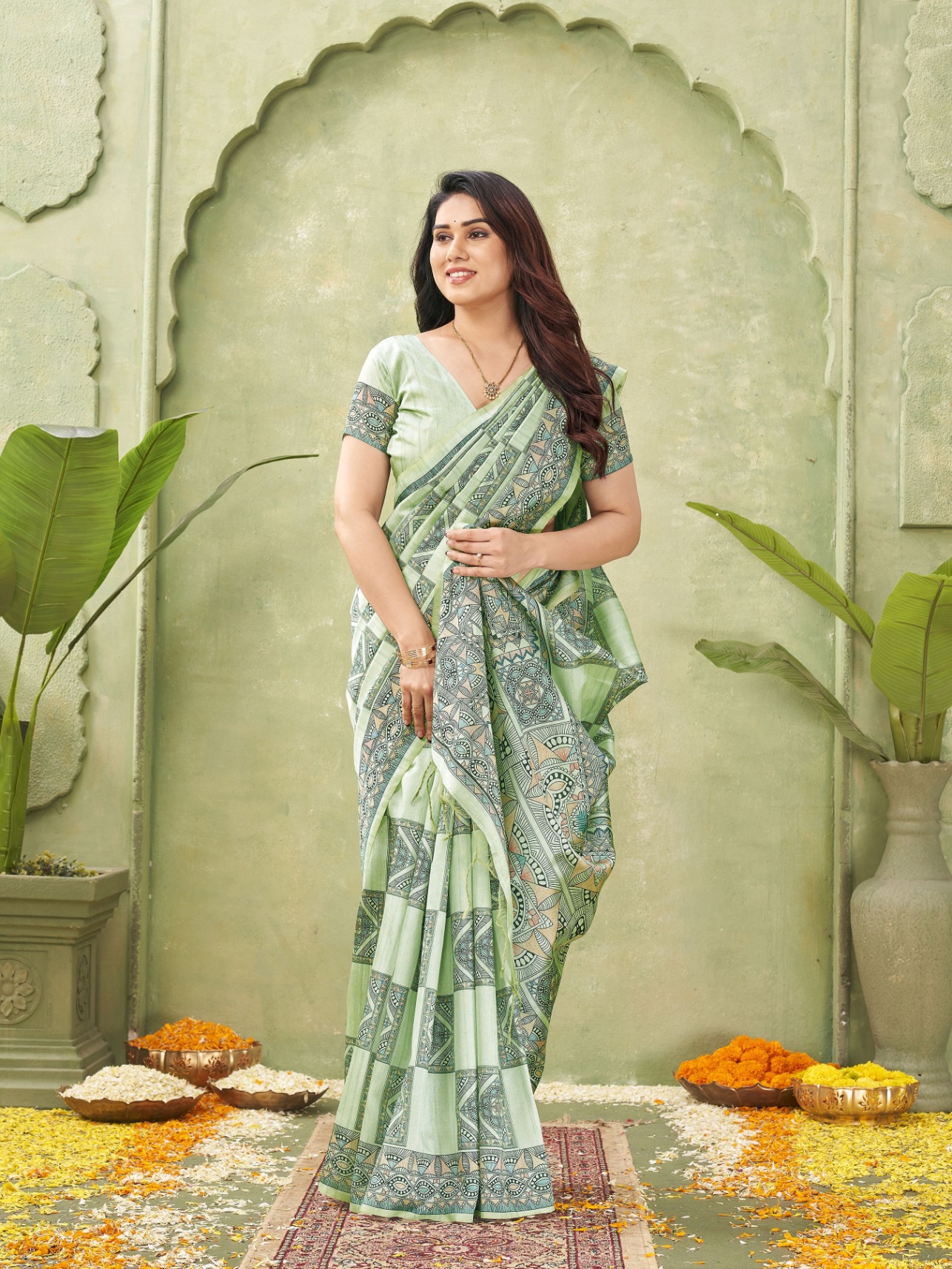 Green Madhubani Printed Tussar Silk Saree