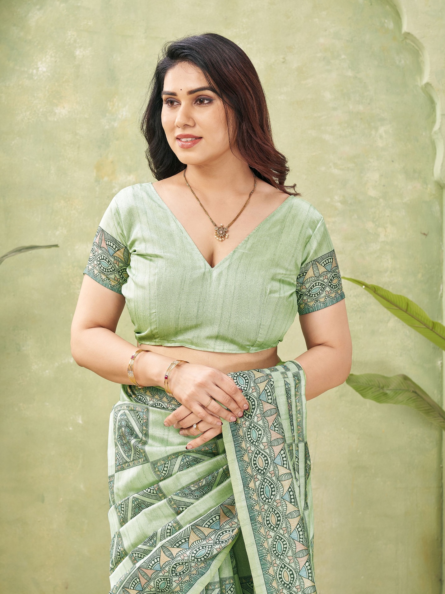 Green Madhubani Printed Tussar Silk Saree