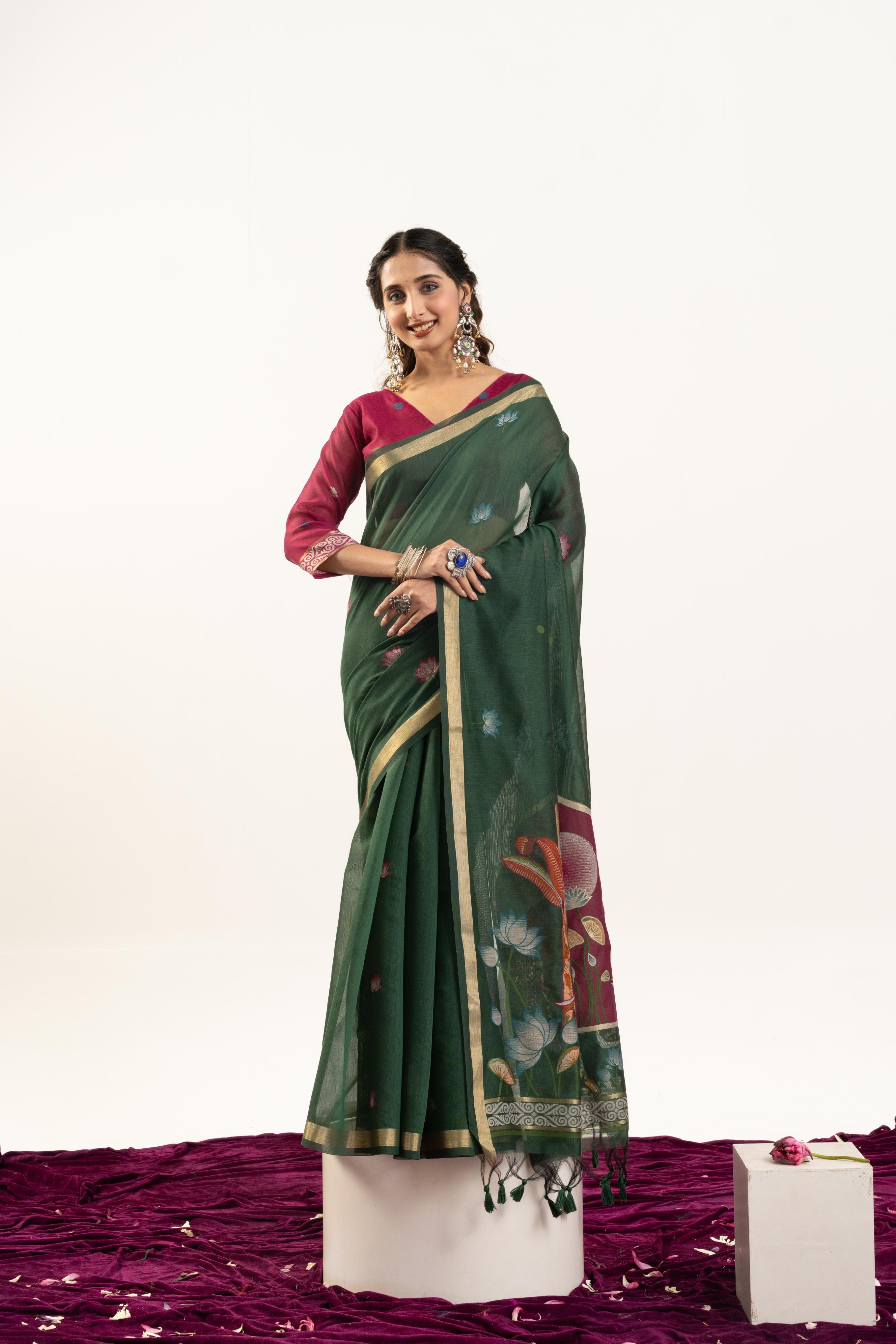 Green Magenta Rajwadi Woven Muga Cotton Saree