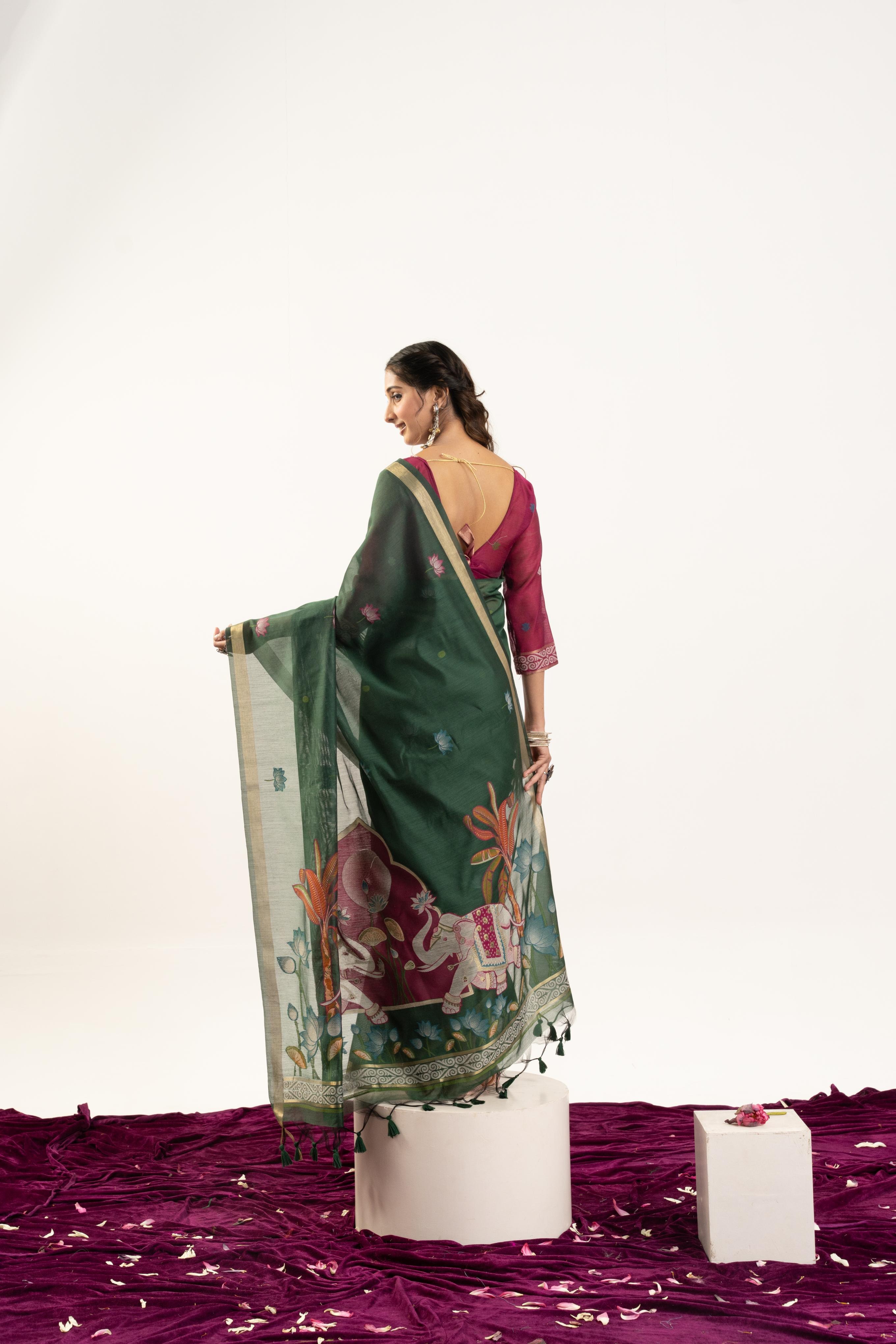 Green Magenta Rajwadi Woven Muga Cotton Saree — alternate view