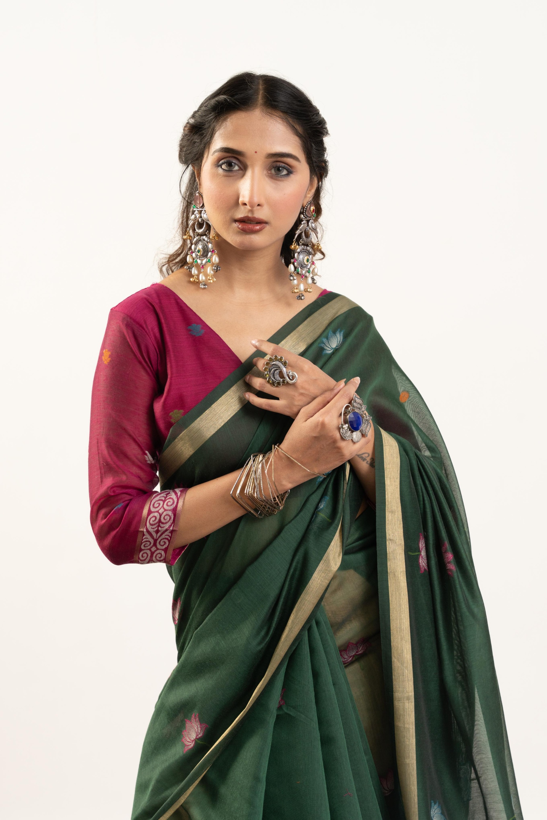 Green Magenta Rajwadi Woven Muga Cotton Saree