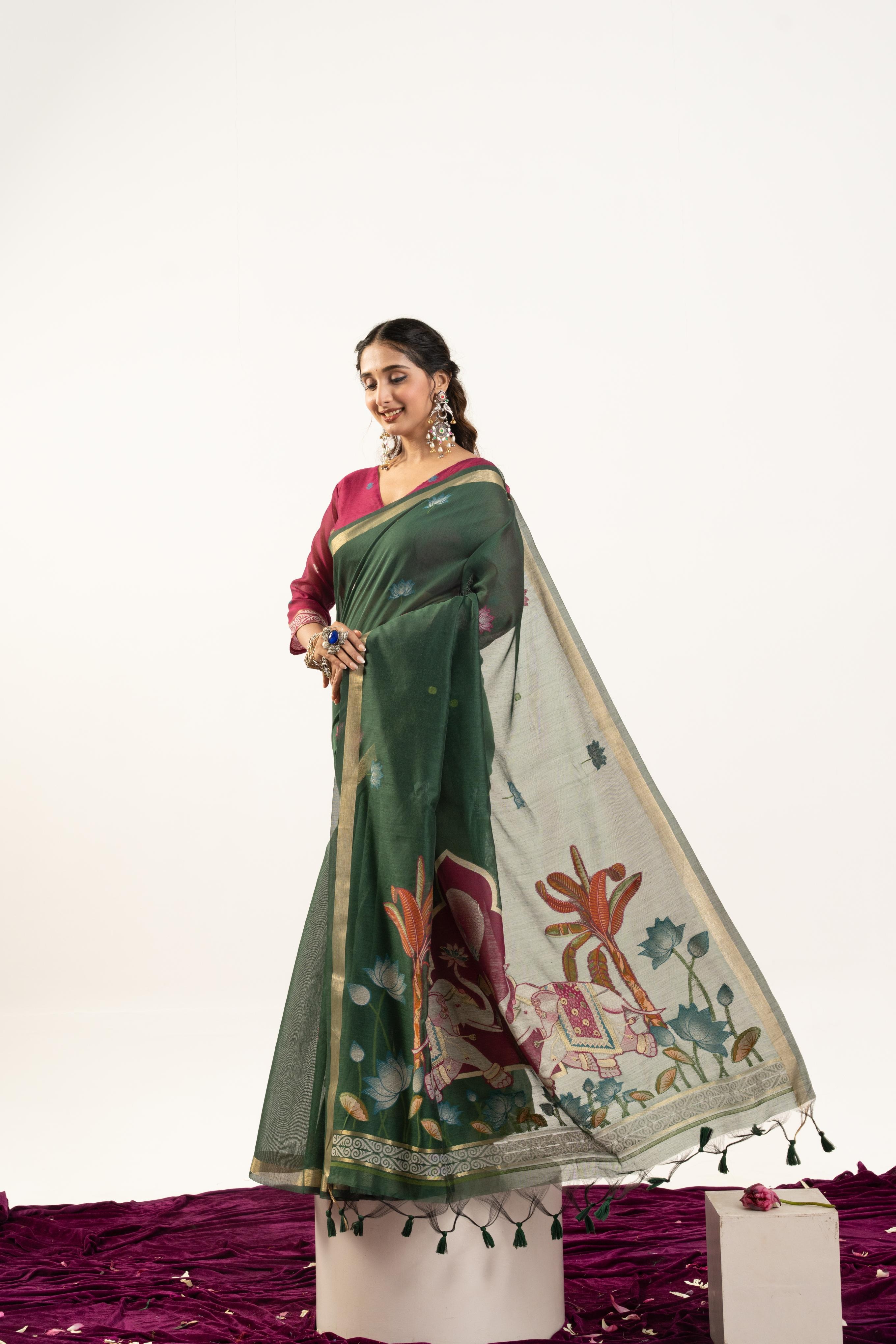Green Magenta Rajwadi Woven Muga Cotton Saree