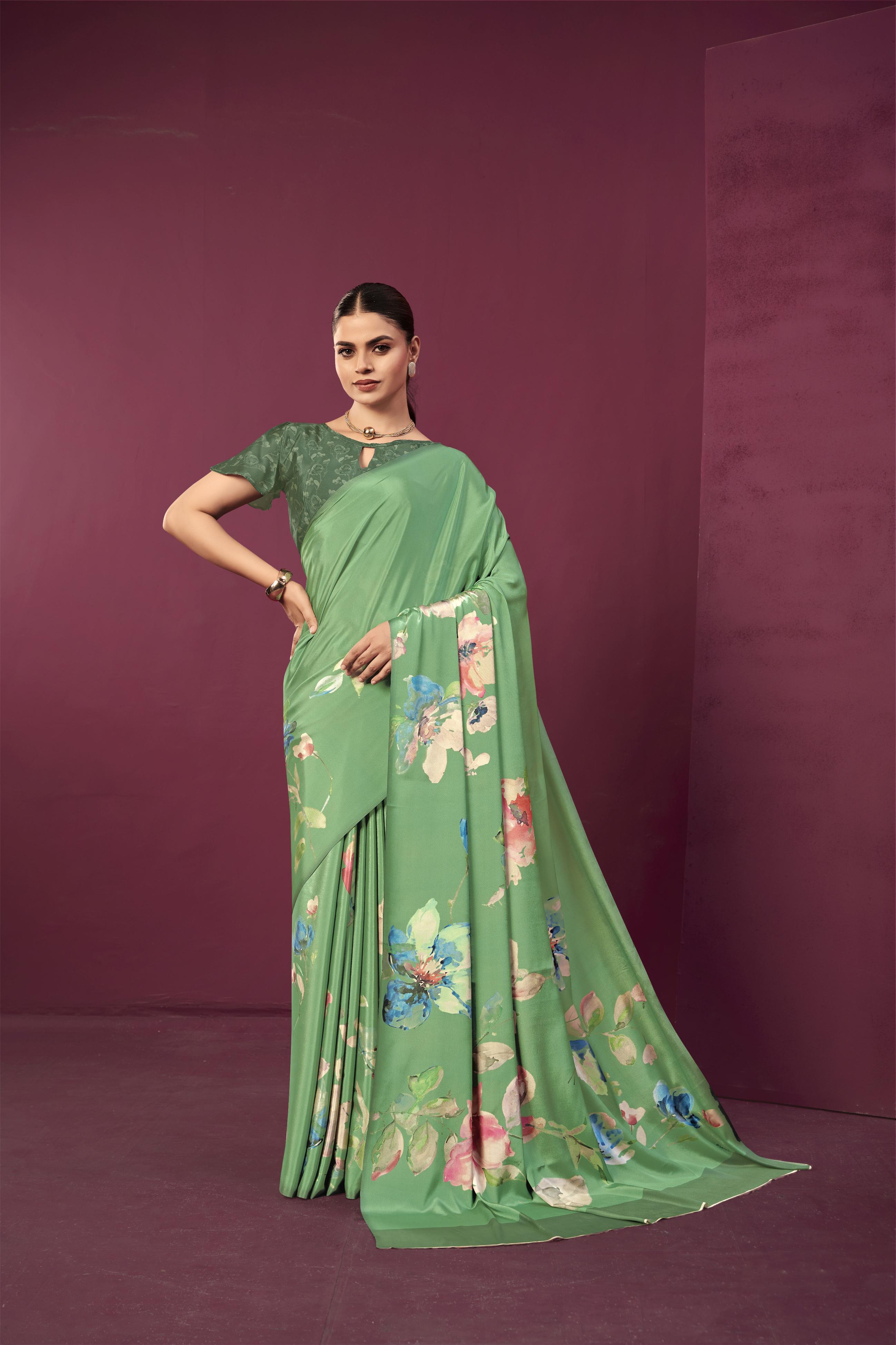 Green Malai Crepe Silk Saree