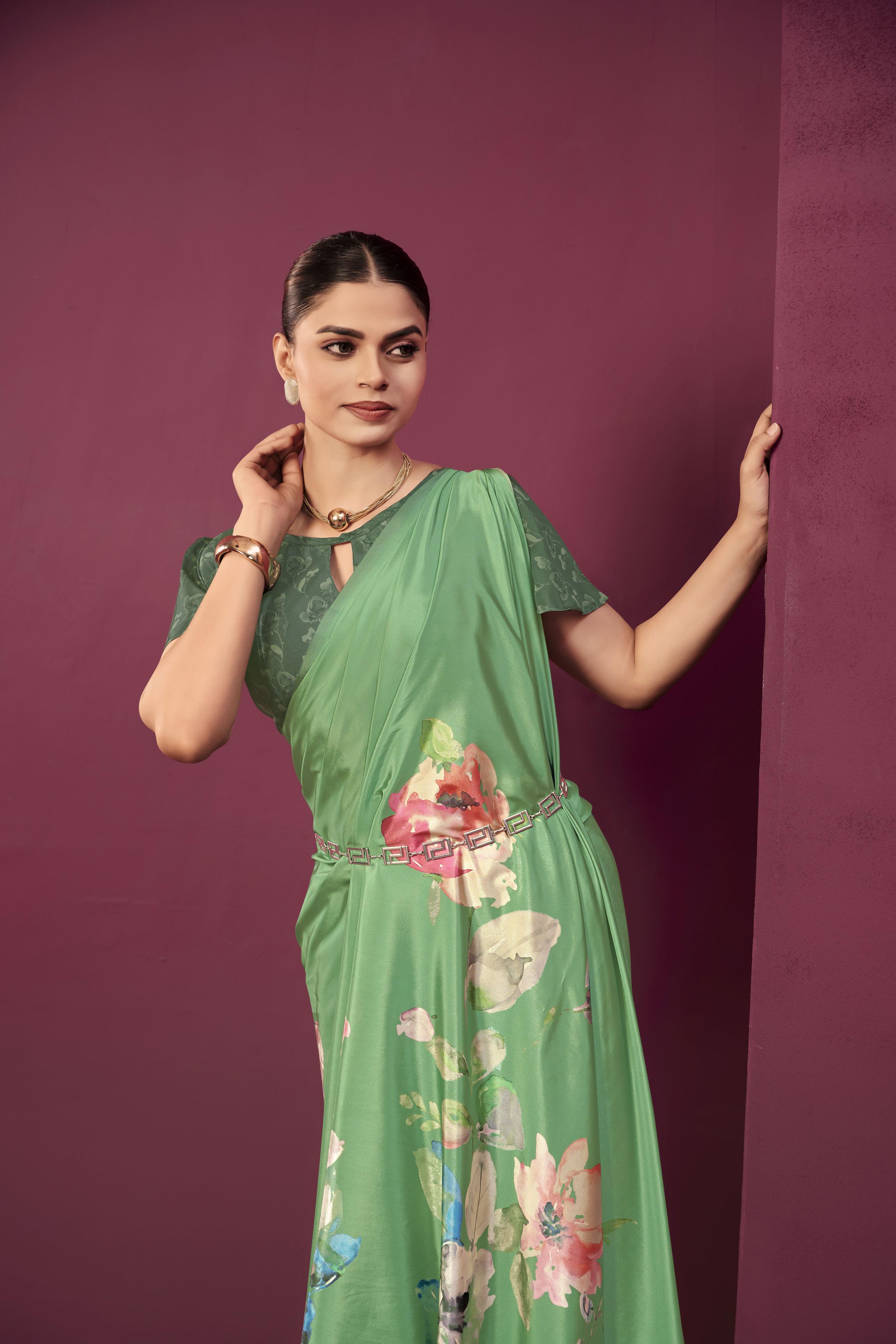 Green Malai Crepe Silk Saree