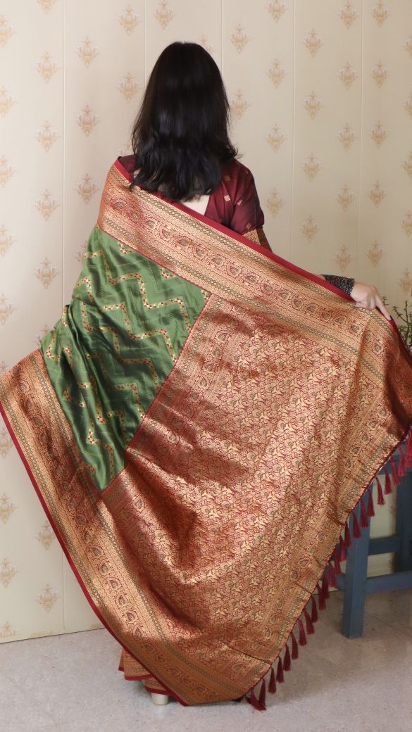 Green Maroon Banarasi Silk Zari Designer Saree — alternate view