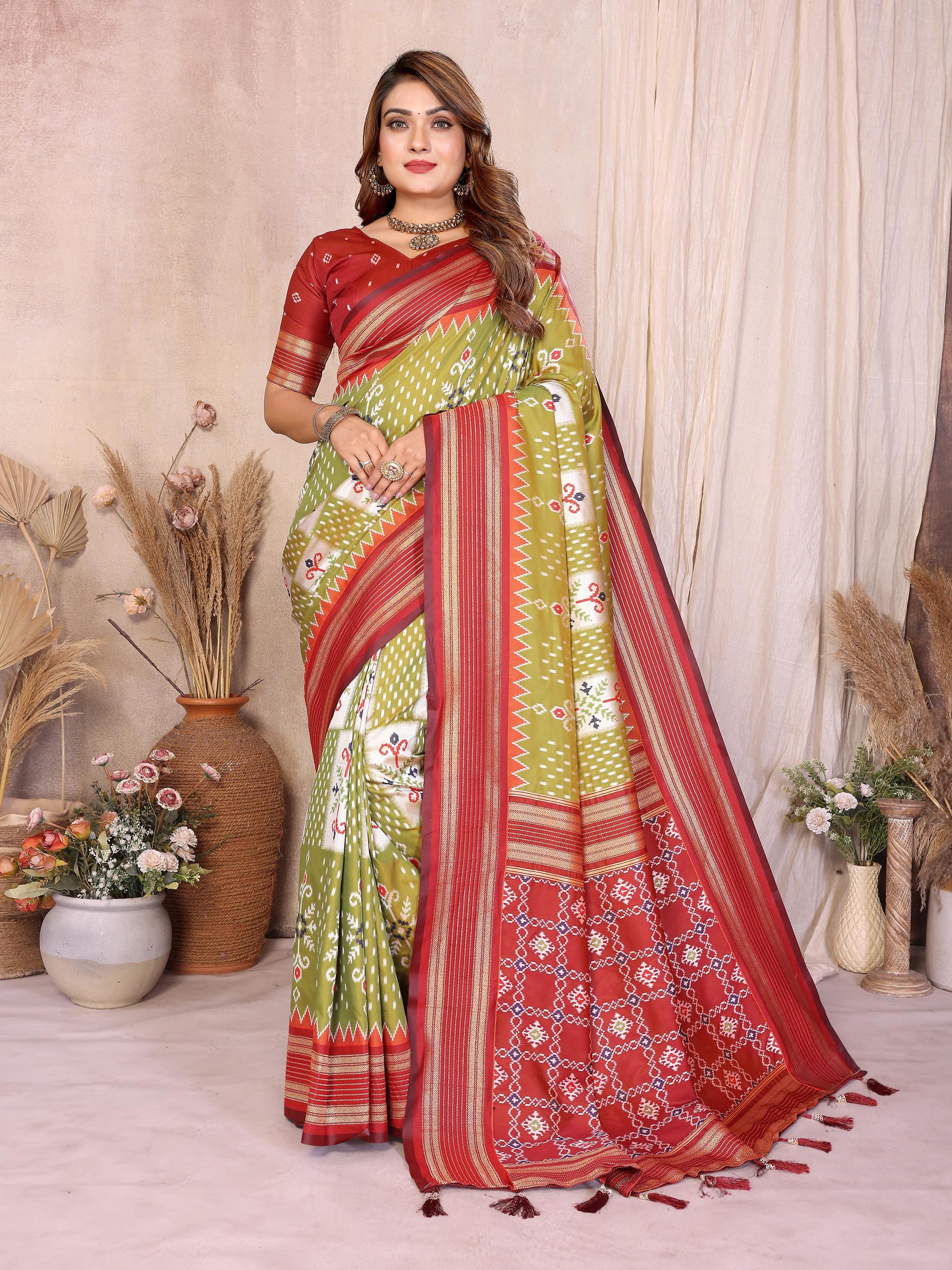 Green Maroon Soft Silk Ikat Designer Saree