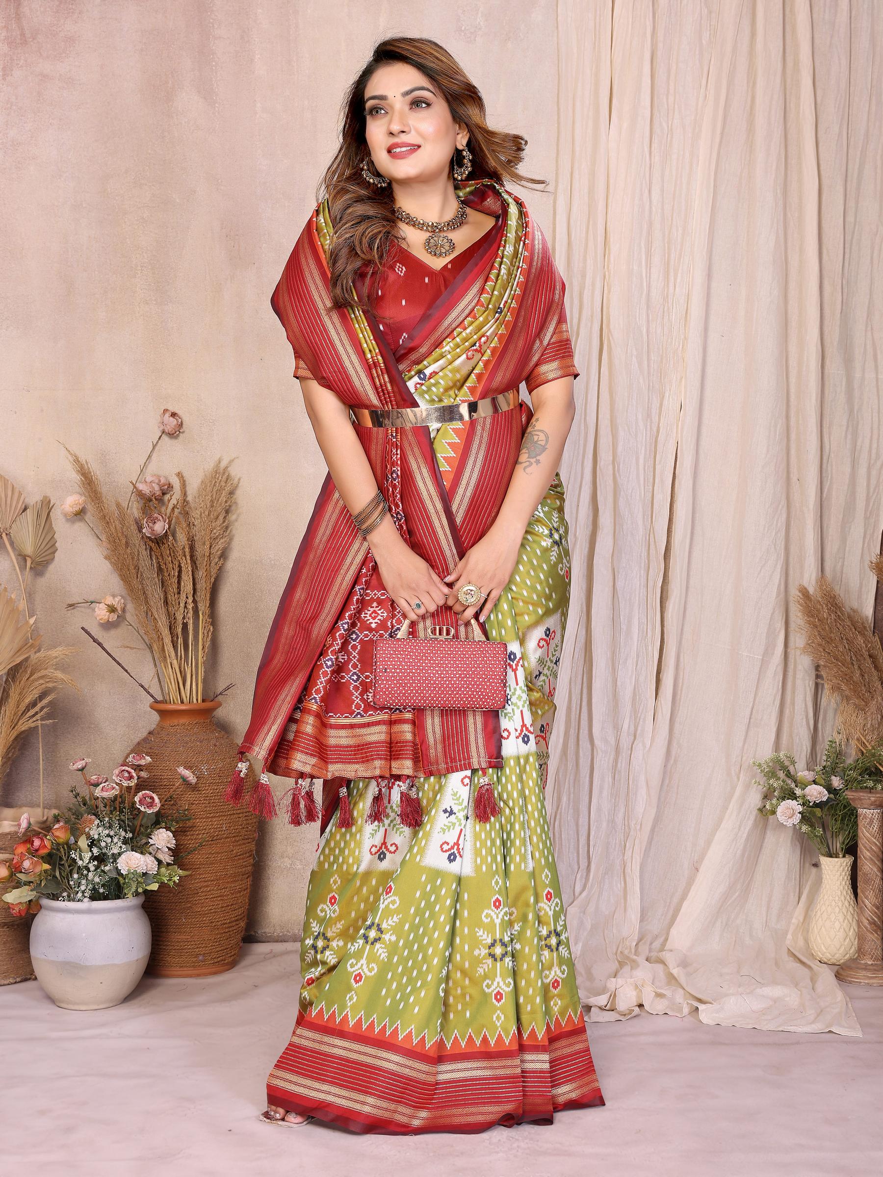 Green Maroon Soft Silk Ikat Designer Saree