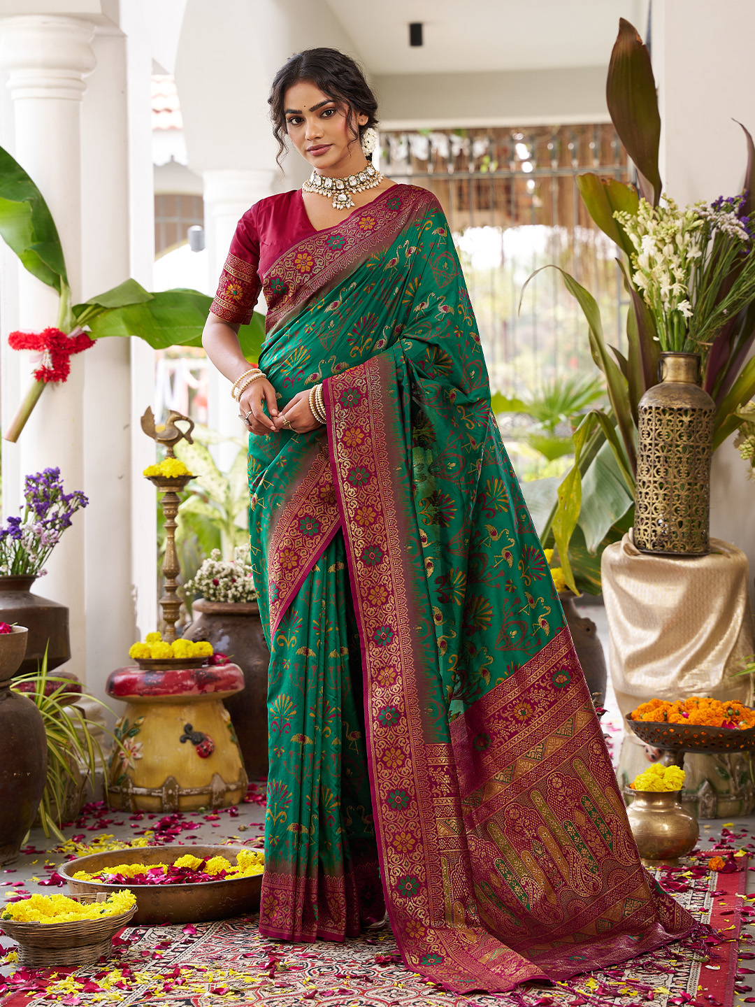 Green Maroon Soft Silk Woven Saree