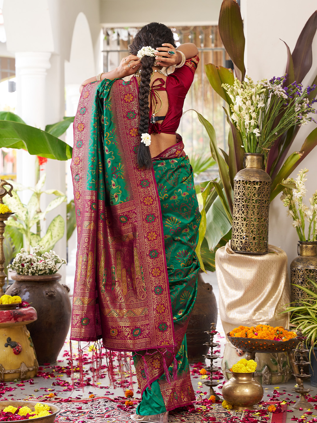 Green Maroon Soft Silk Woven Saree — alternate view
