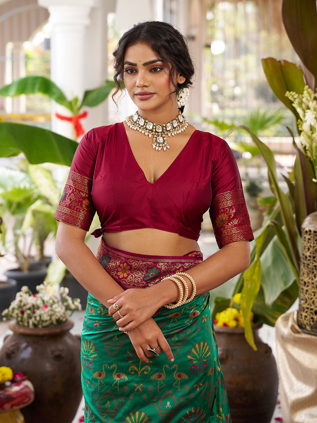 Green Maroon Soft Silk Woven Saree