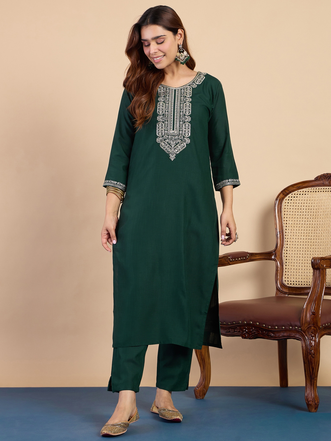 Green Minimal Embroidery Cotton Blend Salwar Suit