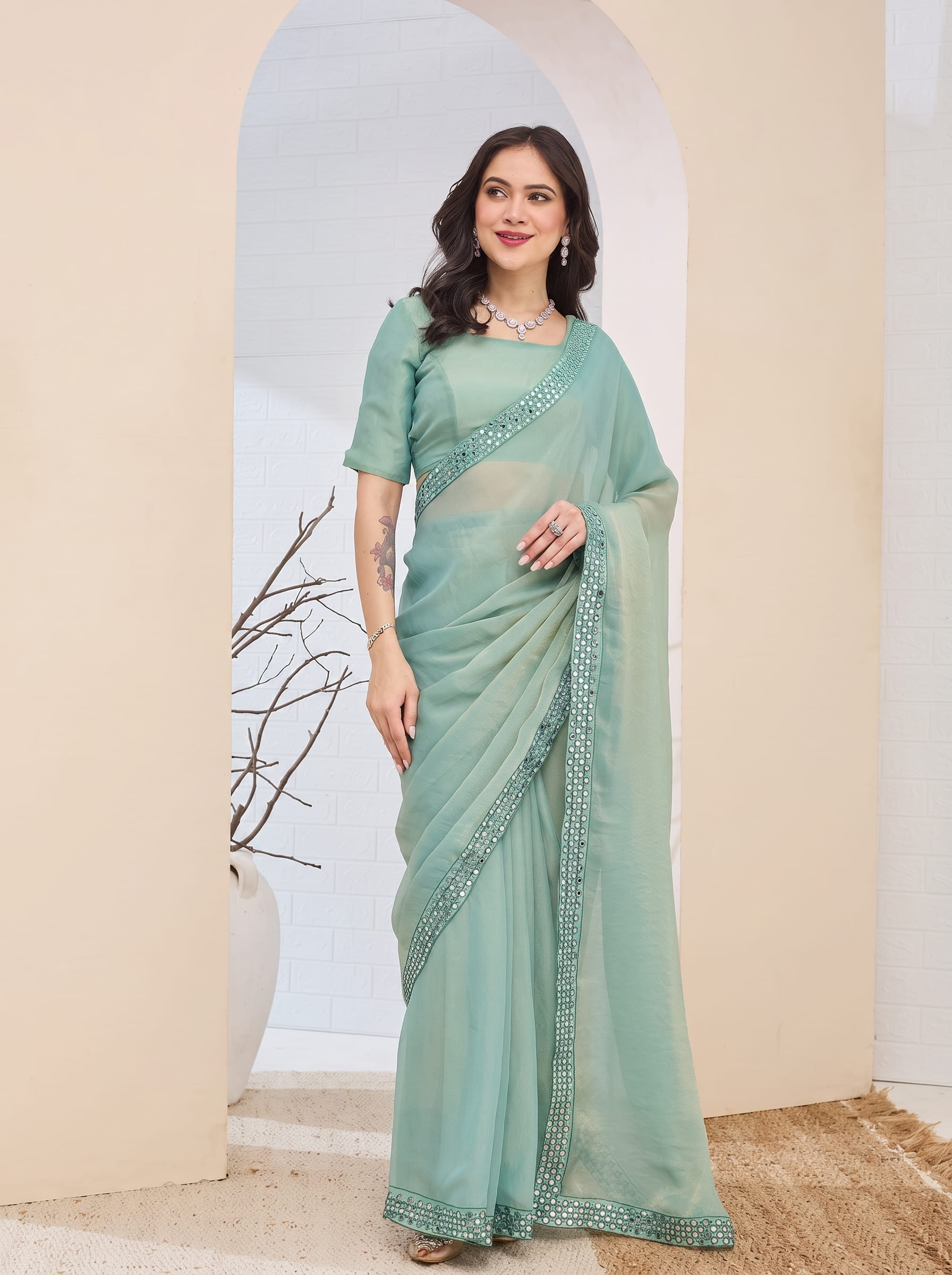 Green Mirror Border Silk Blend Saree