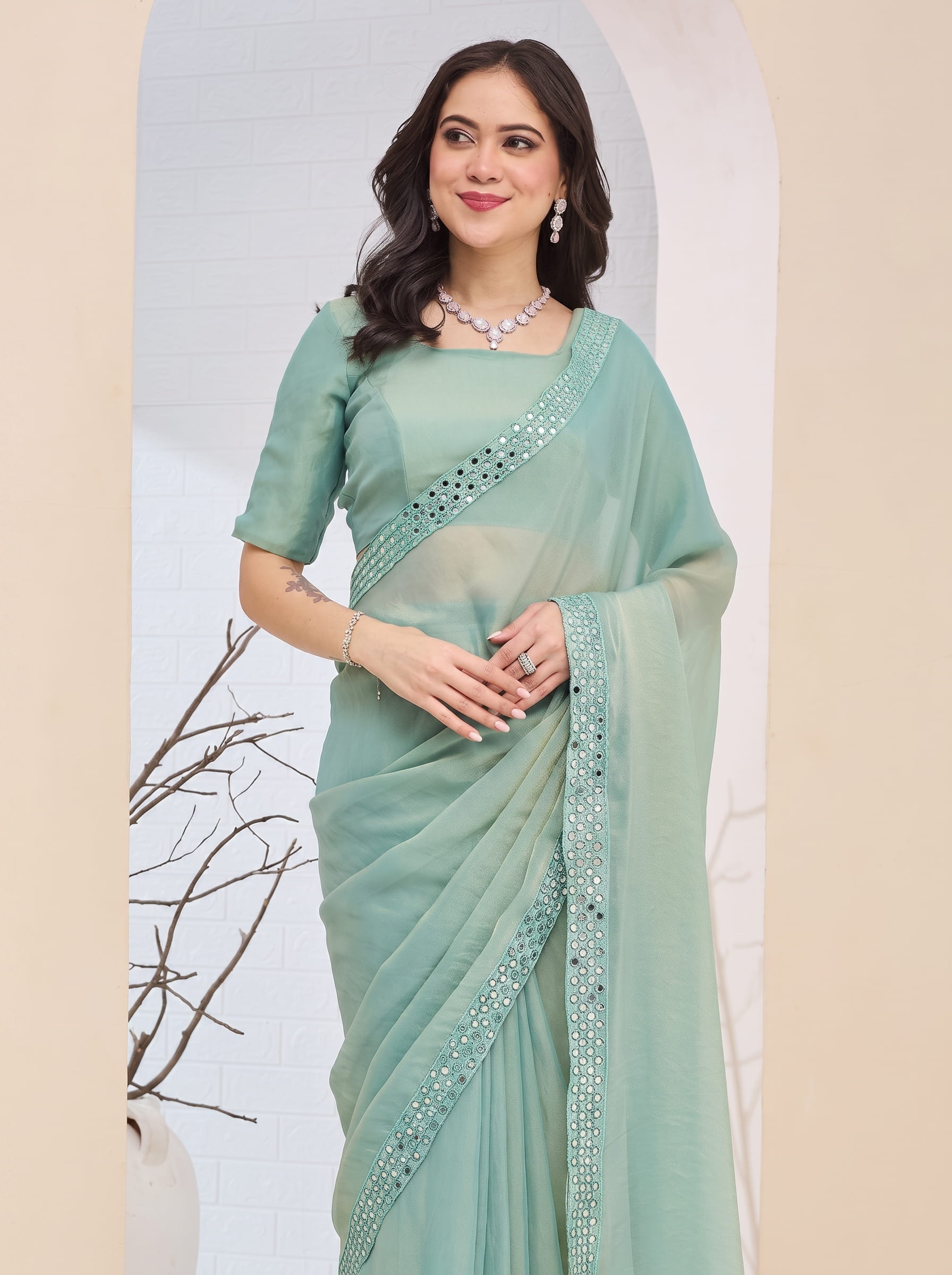 Green Mirror Border Silk Blend Saree