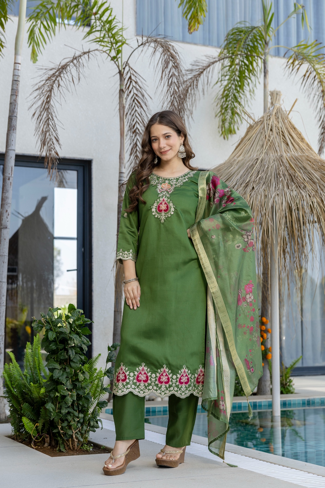 Green Mughal Embroidered Chanderi Salwar Suit