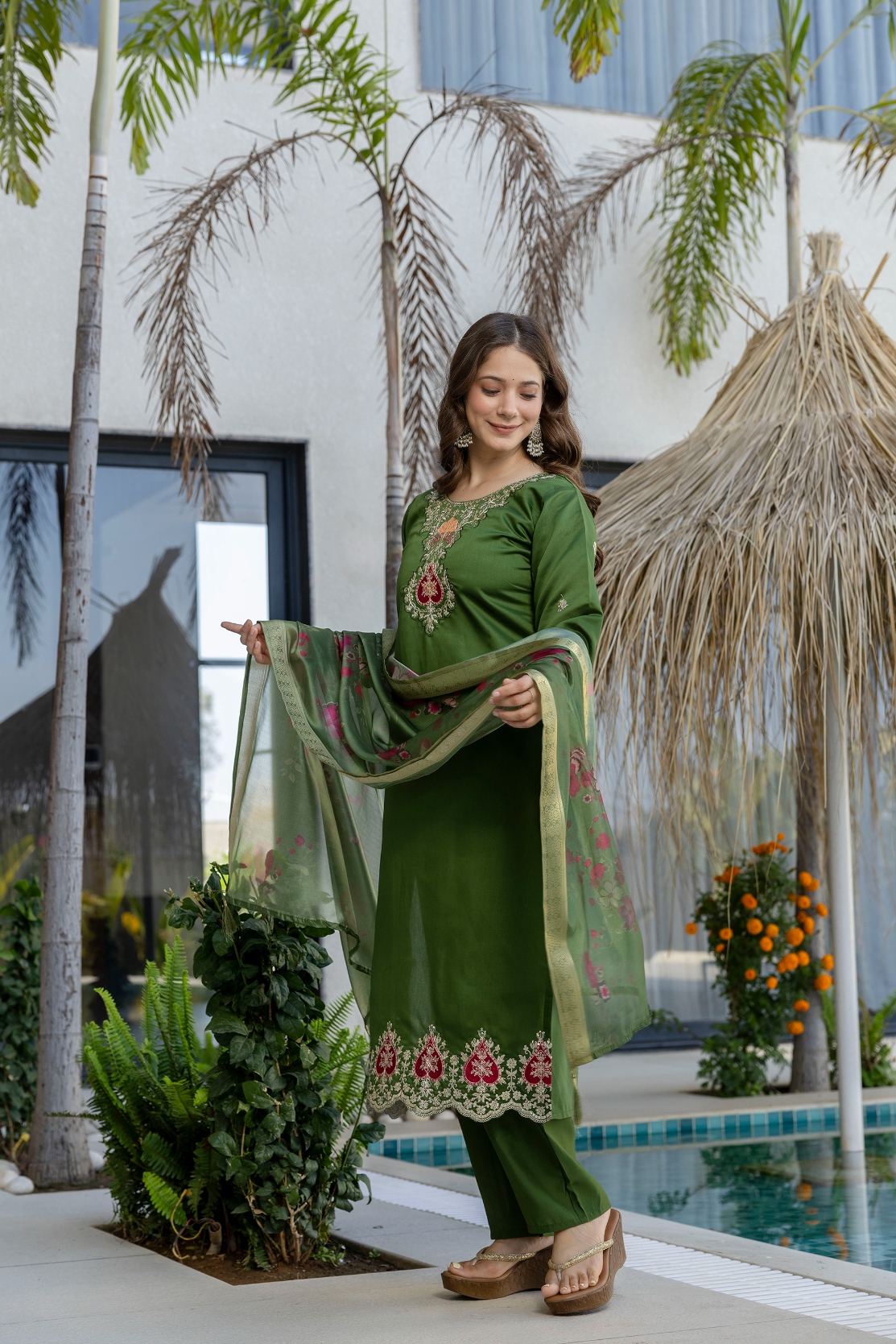 Green Mughal Embroidered Chanderi Salwar Suit