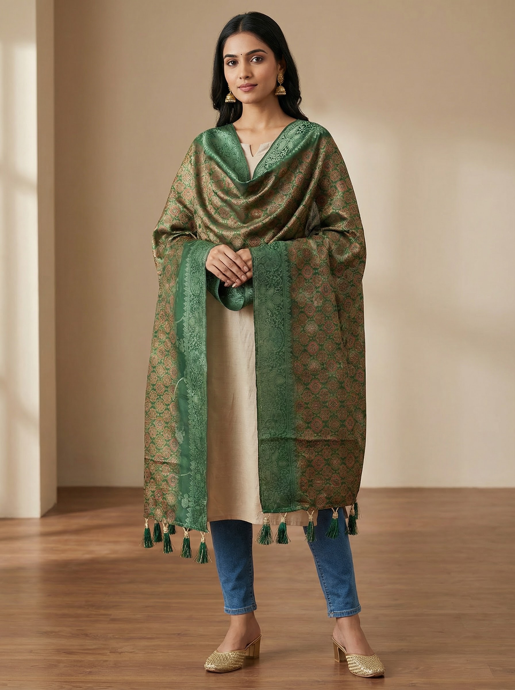 Green Mughal Motif Print Jacquard Silk Designer Dupatta