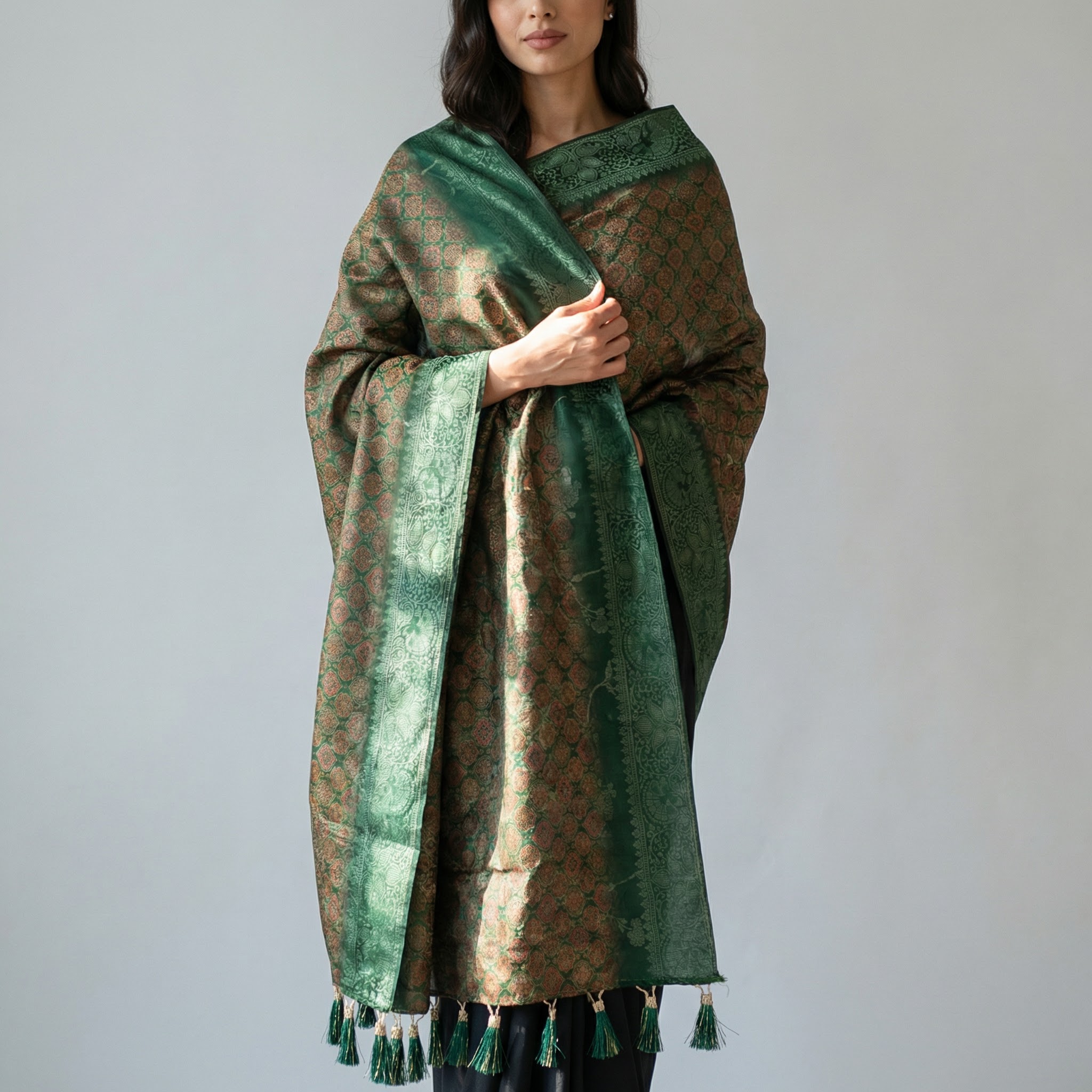 Green Mughal Motif Print Jacquard Silk Designer Dupatta — alternate view