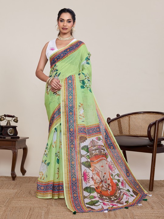Green Multi Linen Silk Printed Saree