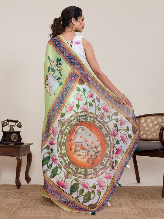 Green Multi Linen Silk Printed Saree — alternate view