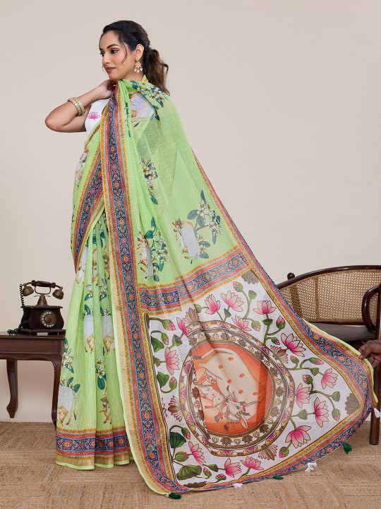 Green Multi Linen Silk Printed Saree