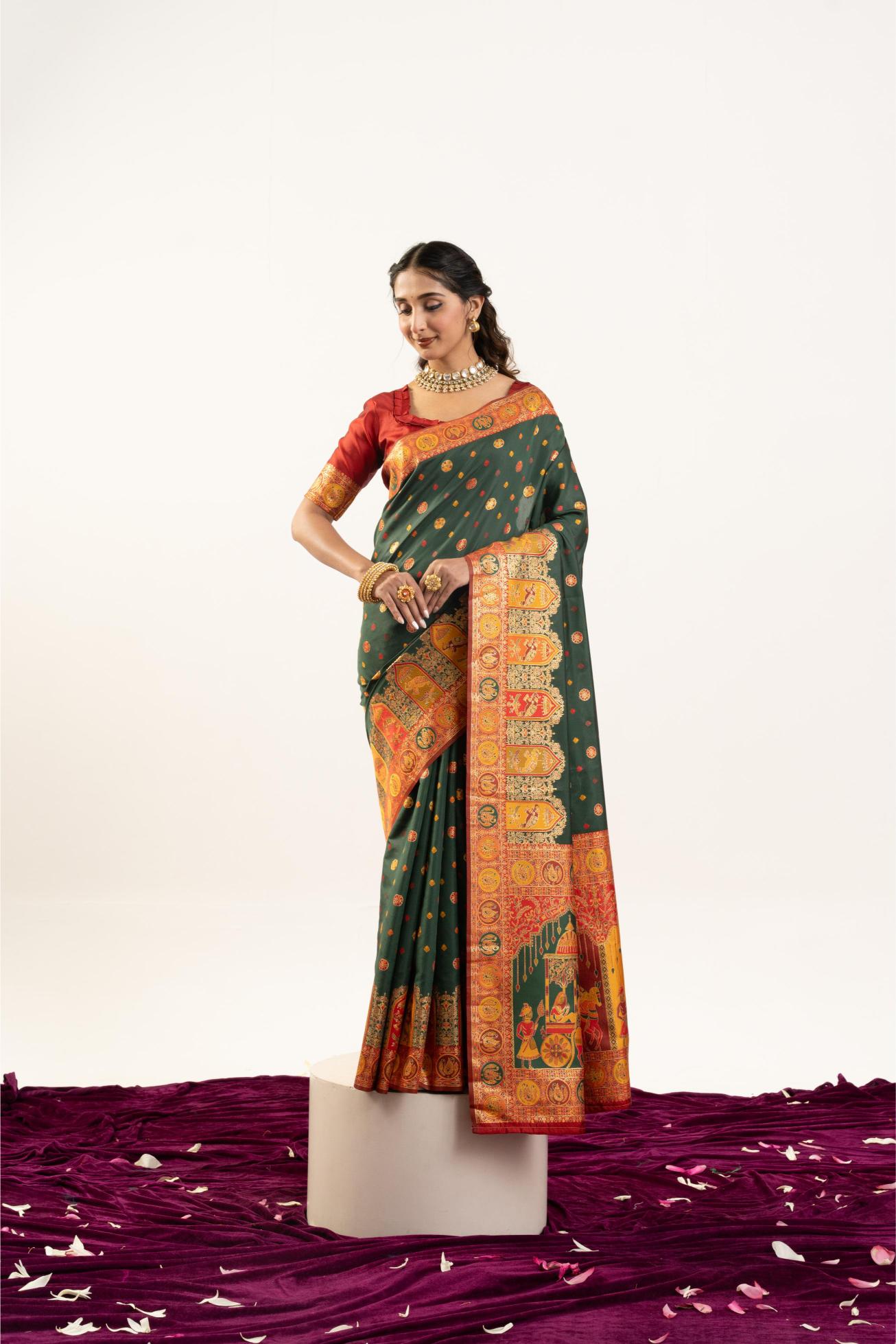 Green N Maroon Banarasi Pashmina Silk Saree
