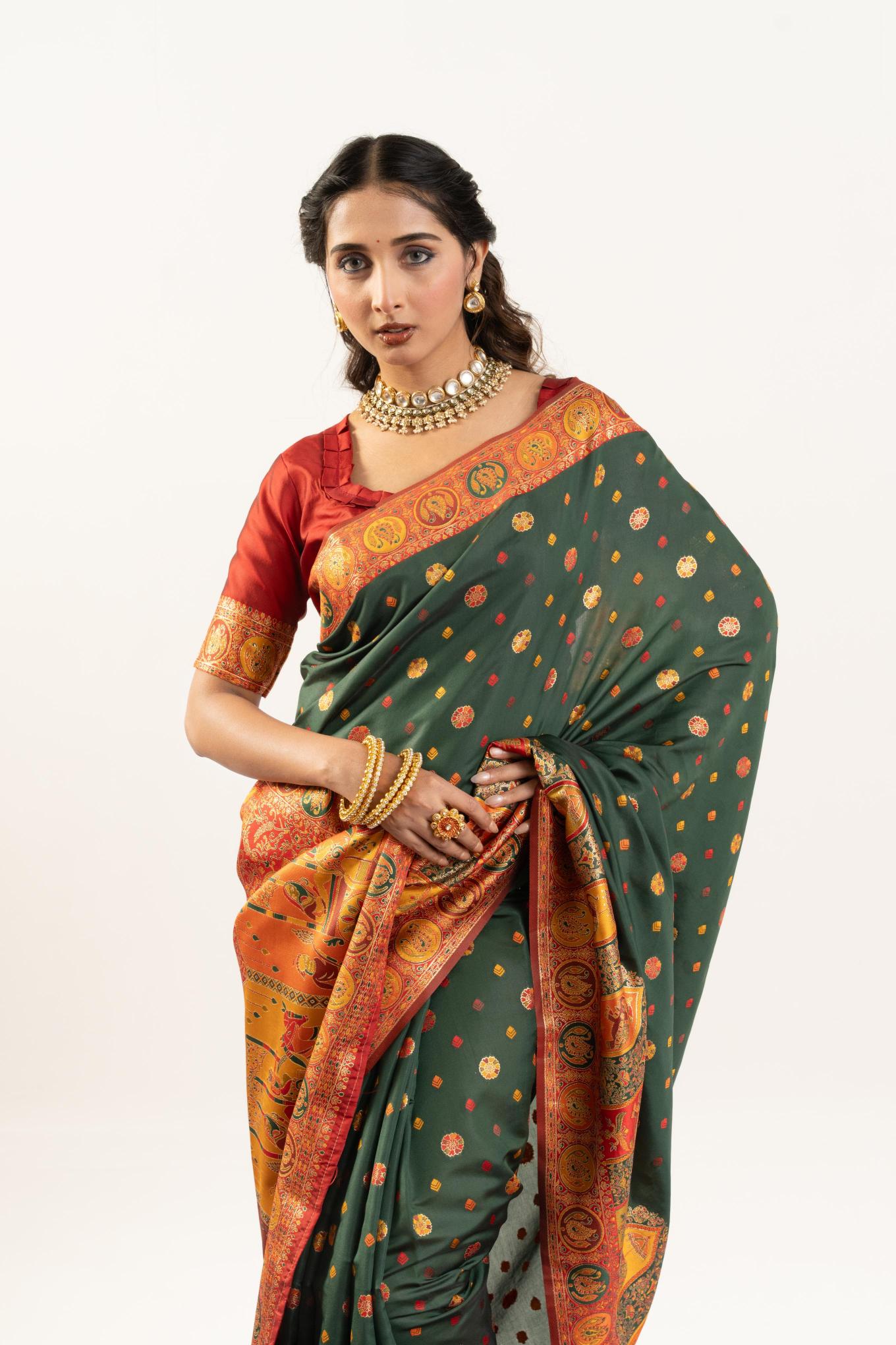 Green N Maroon Banarasi Pashmina Silk Saree