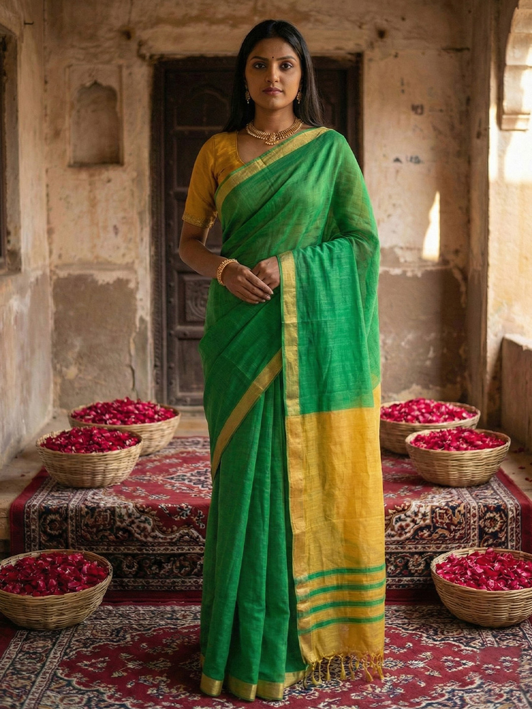 Green N Mustard Woven Designer Cotton Saree