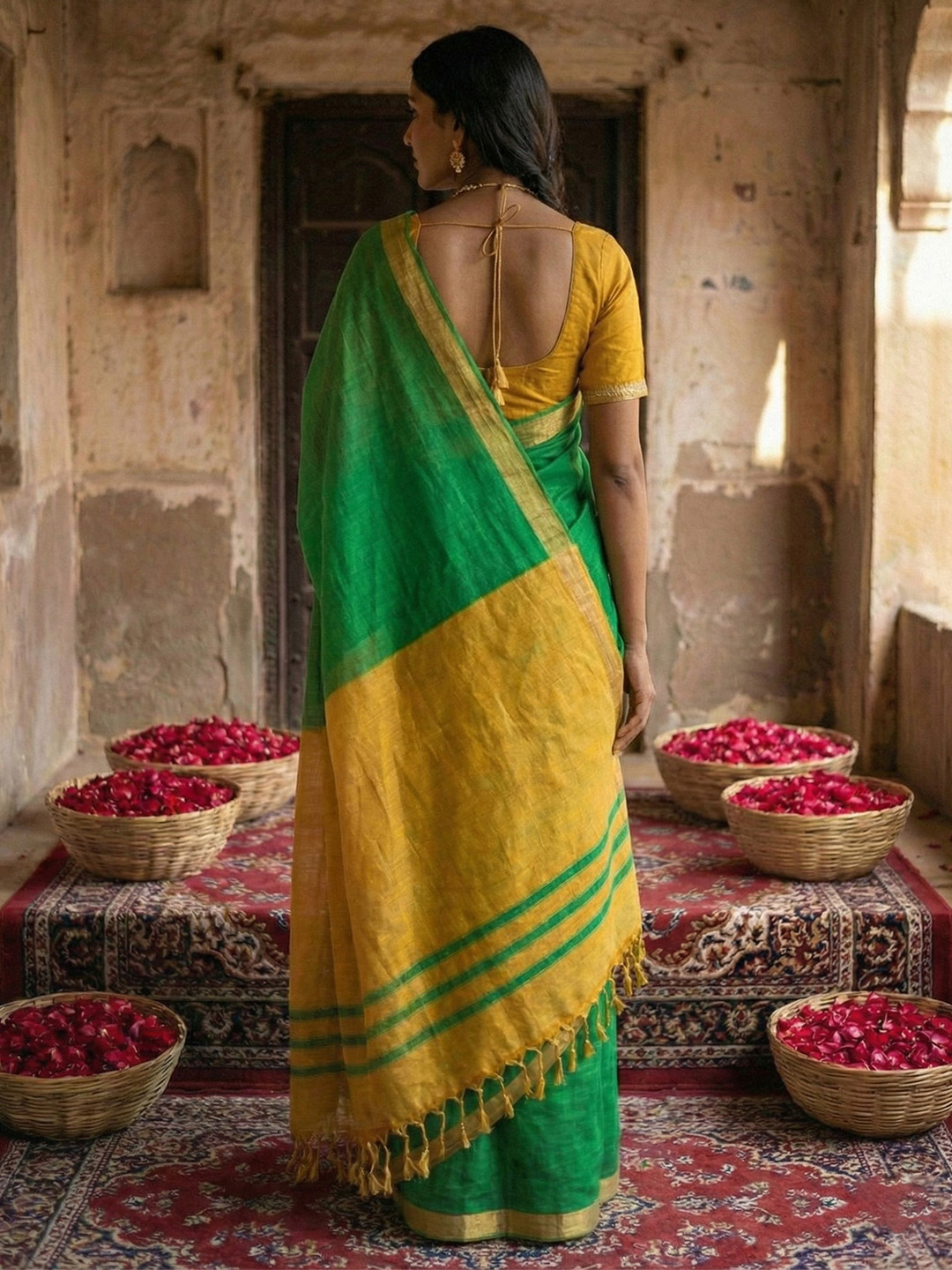 Green N Mustard Woven Designer Cotton Saree — alternate view