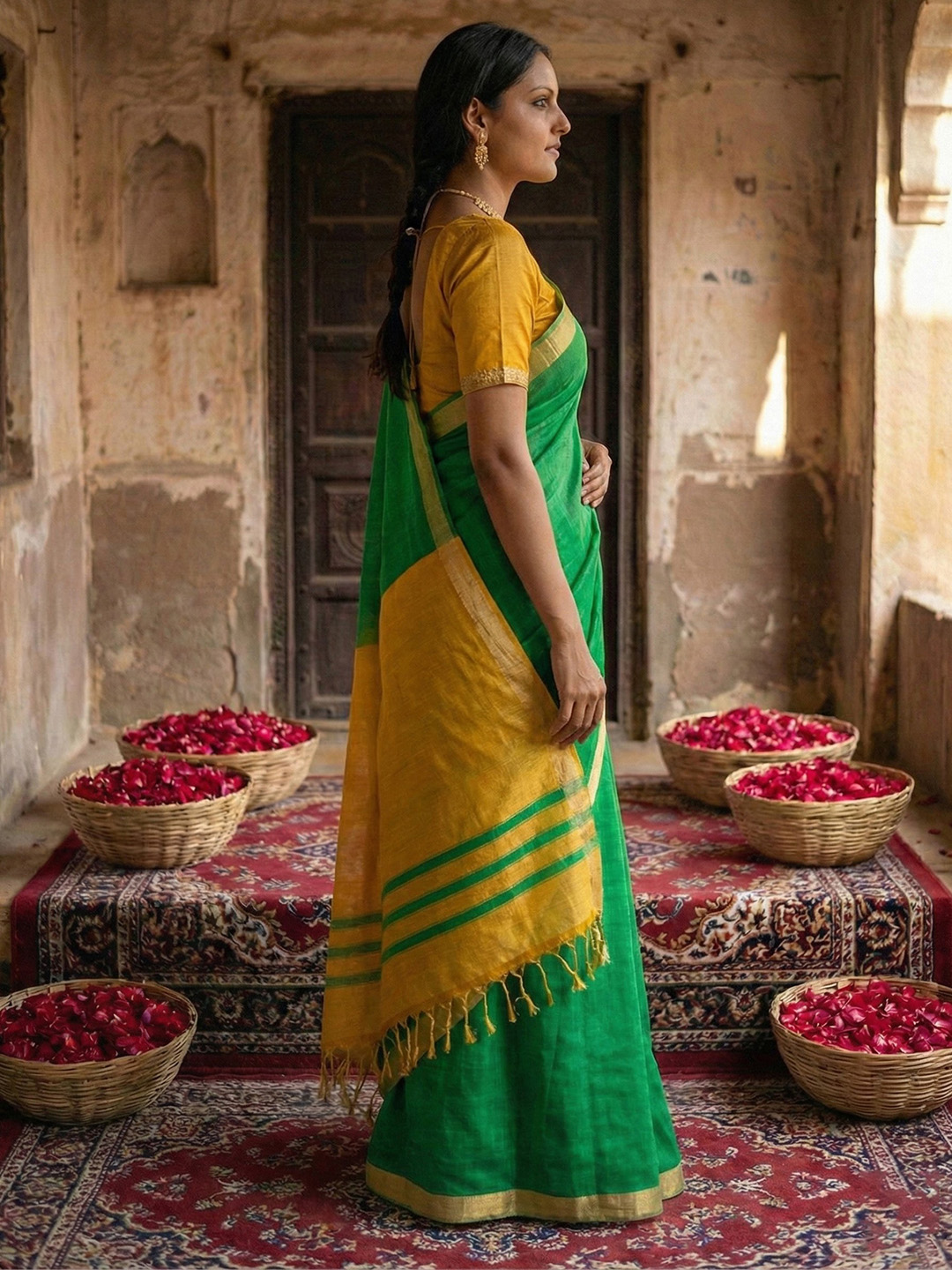 Green N Mustard Woven Designer Cotton Saree