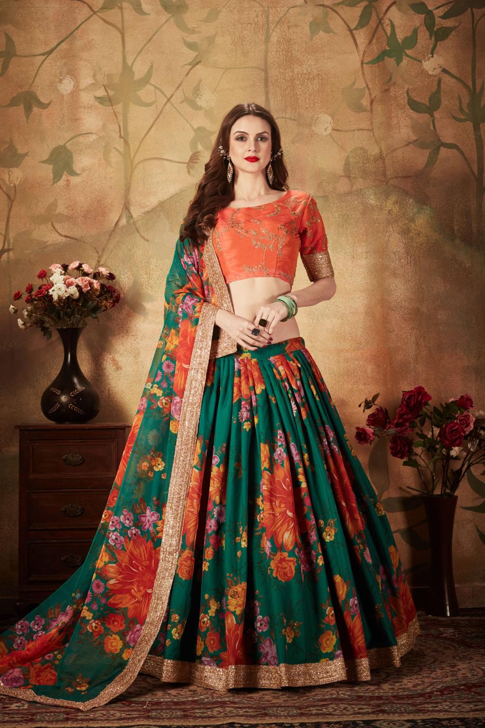 Green N Orange Organza Lehenga Choli