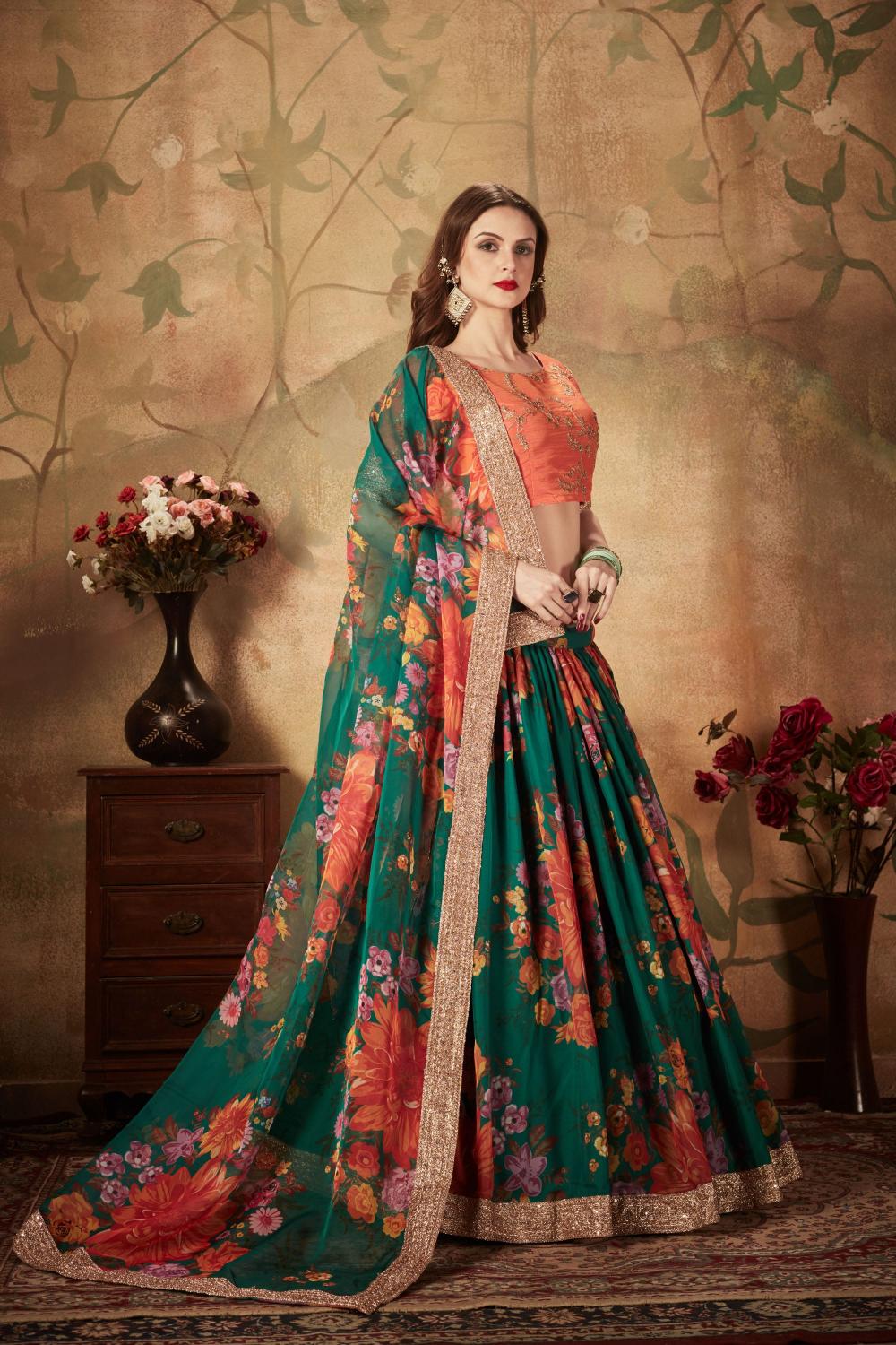 Green N Orange Organza Lehenga Choli