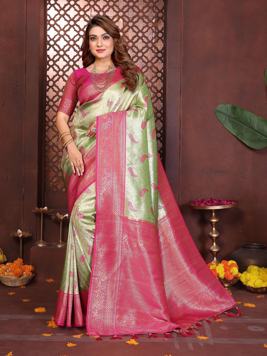 Green N Pink Banarasi Tissue Silk Saree