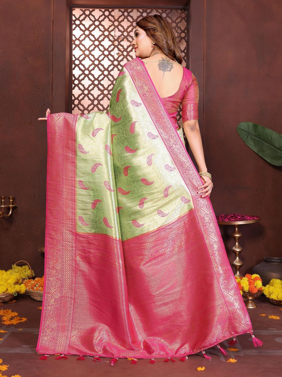Green N Pink Banarasi Tissue Silk Saree — alternate view