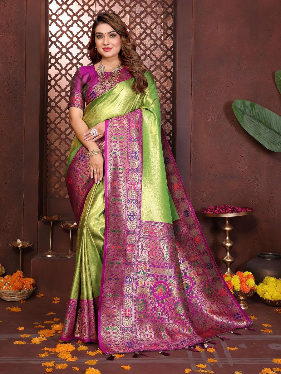 Green N Purple Banarasi Tissue Silk Saree