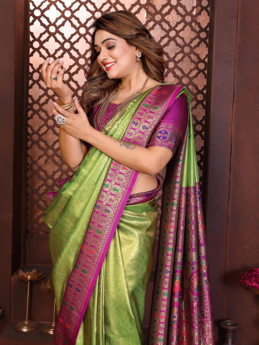 Green N Purple Banarasi Tissue Silk Saree