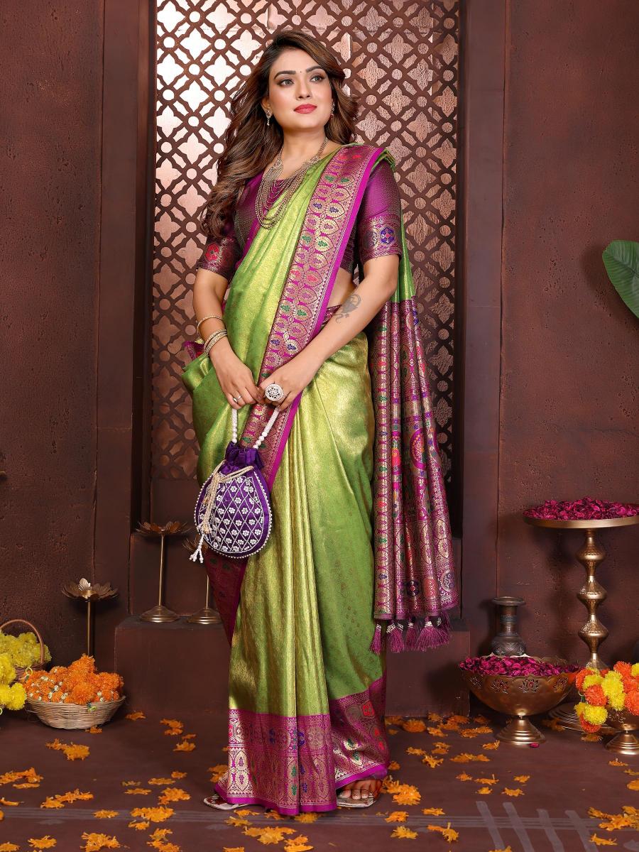 Green N Purple Banarasi Tissue Silk Saree