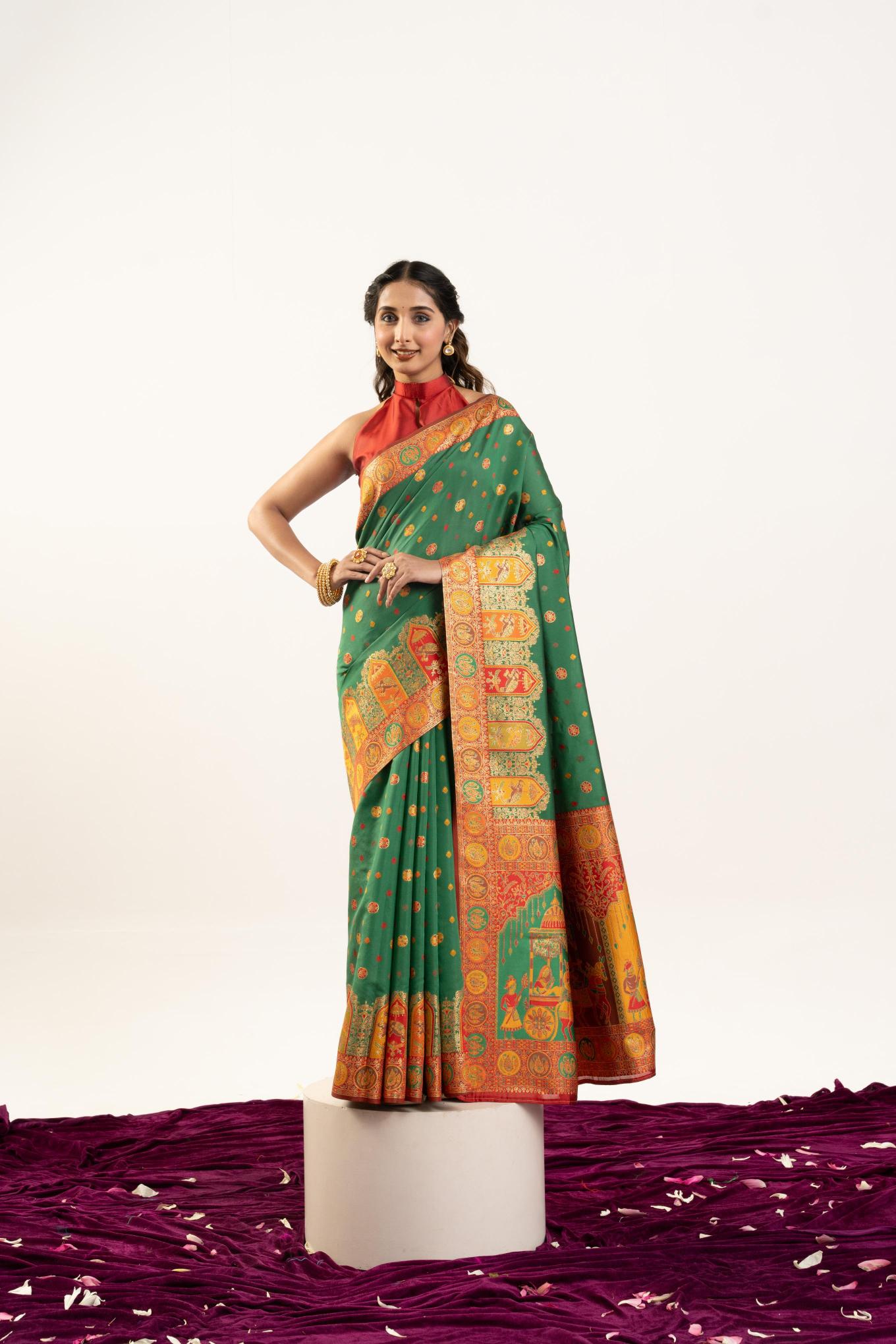 Green N Red Banarasi Pashmina Silk Saree